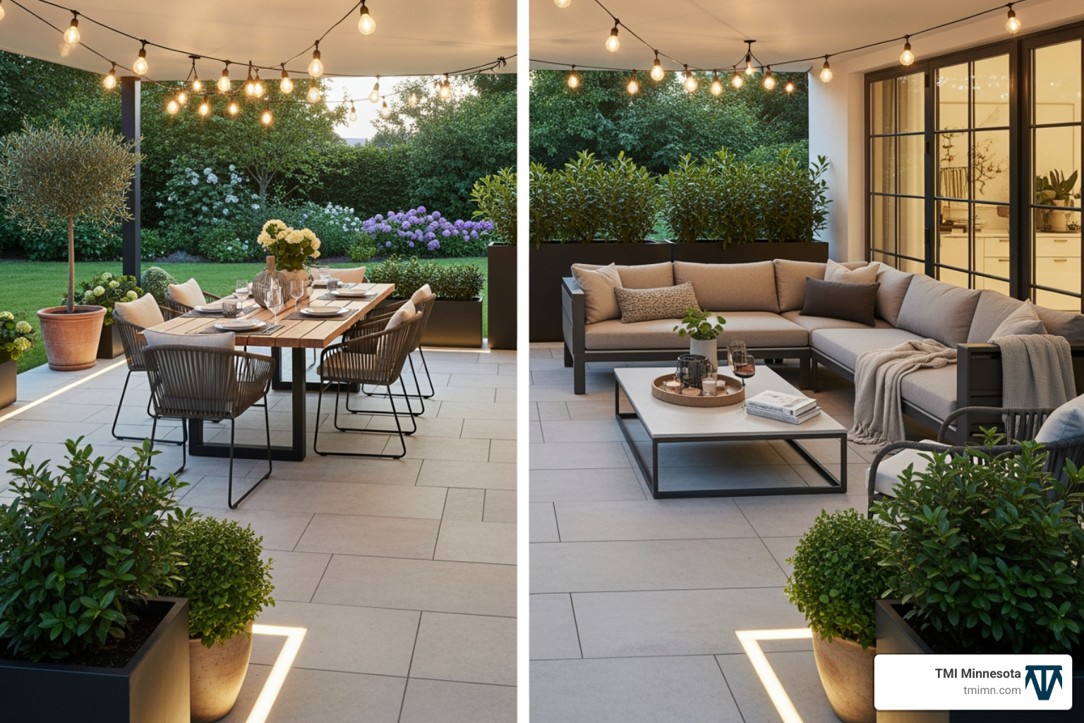 patio with distinct dining and lounging zones - outdoor seating areas
