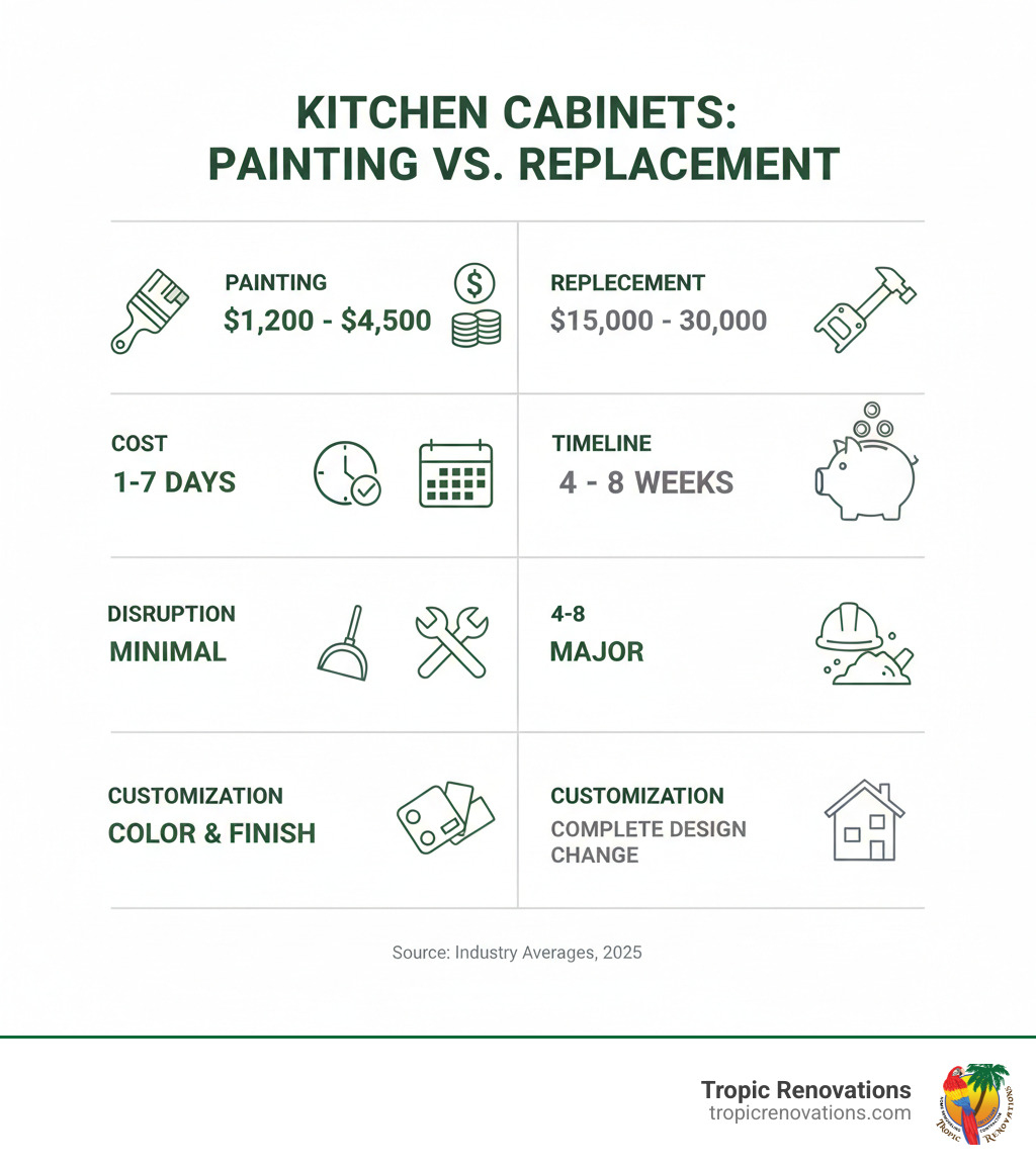 Infographic comparing cabinet painting vs cabinet replacement showing cost differences ($1,200-$4,500 for painting vs $15,000-$30,000 for replacement), timeline (1-7 days vs 4-8 weeks), disruption level (minimal vs major), and customization options (color and finish vs complete design change) - Cabinet painting Venice FL infographic Infographic comparing cabinet painting vs cabinet replacement showing cost differences ($1,200-$4,500 for painting vs $15,000-$30,000 for replacement), timeline (1-7 days vs 4-8 weeks), disruption level (minimal vs major), and customization options (color and finish vs complete design change) - Cabinet painting Venice FL infographic