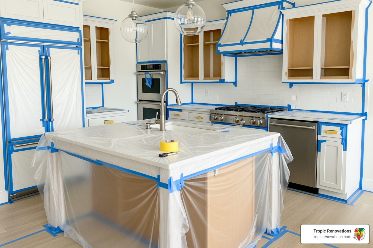 clean, masked-off kitchen ready for cabinet frame painting - Cabinet painting Venice FL clean, masked-off kitchen ready for cabinet frame painting - Cabinet painting Venice FL