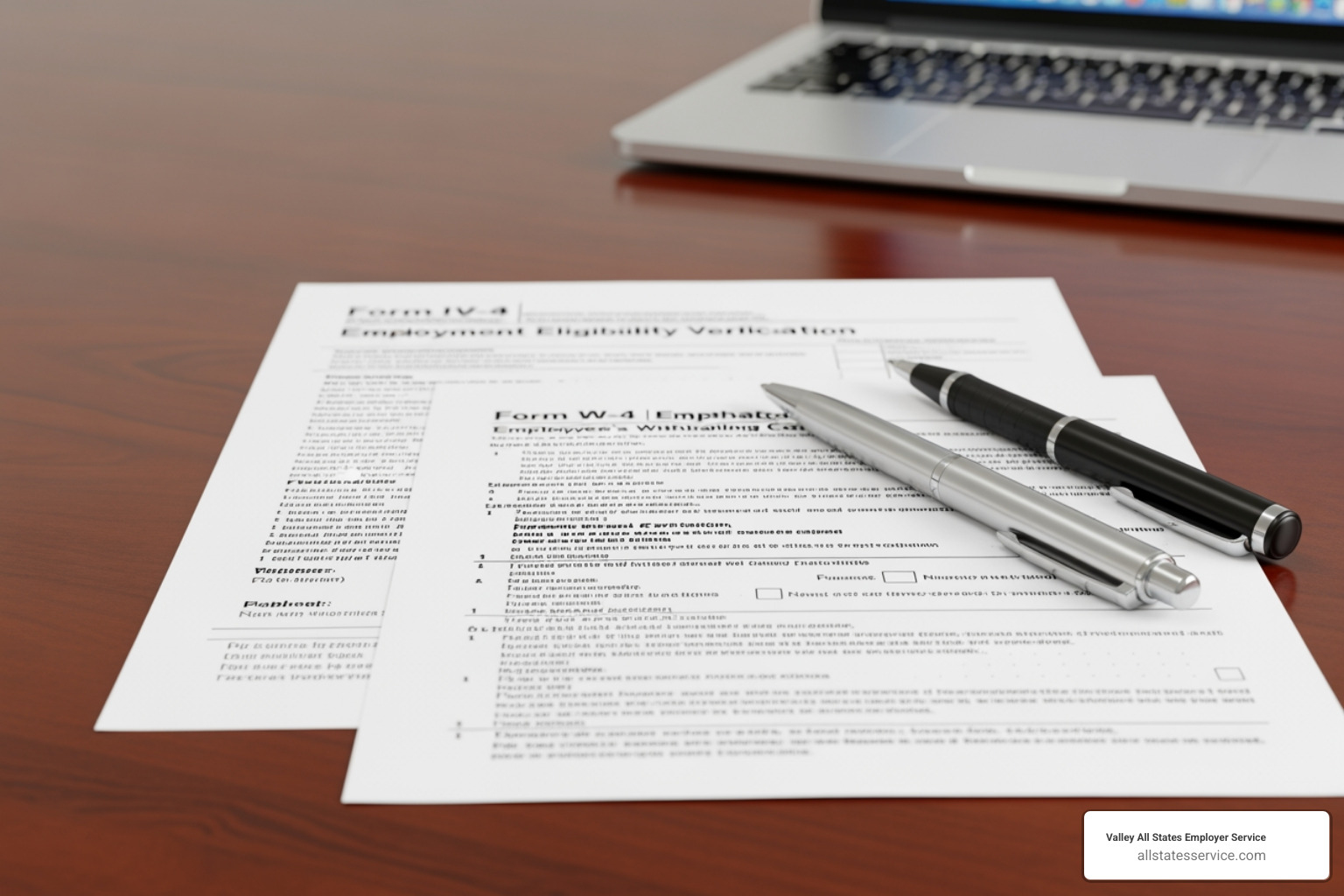 A close-up of a completed Form I-9 and Form W-4 with pens and a laptop in the background - Maryland new hire paperwork A close-up of a completed Form I-9 and Form W-4 with pens and a laptop in the background - Maryland new hire paperwork