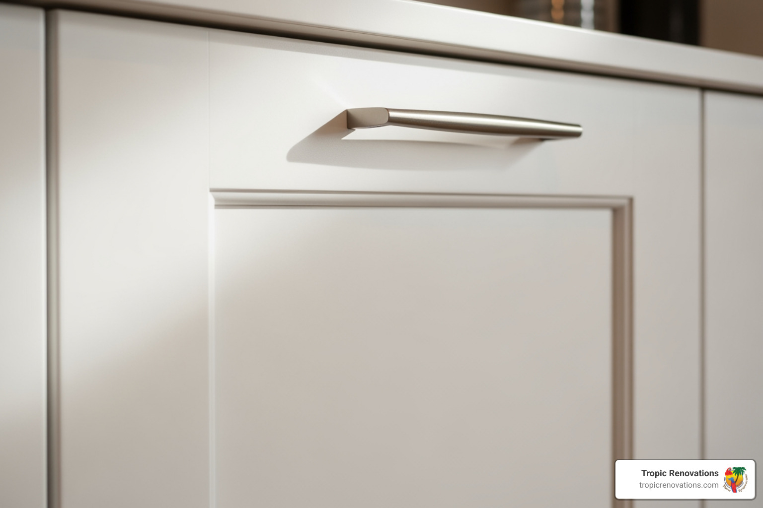 close-up on a perfectly smooth, satin-finish painted cabinet door - Cabinet painting Venice FL close-up on a perfectly smooth, satin-finish painted cabinet door - Cabinet painting Venice FL