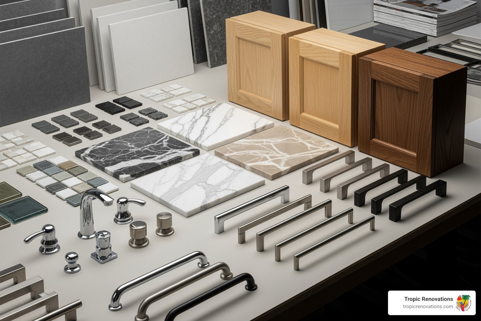 Various material samples for bathroom renovation are neatly displayed, including different types of tiles, marble countertops, wooden cabinet swatches, and polished metal hardware, showcasing design options. - Bathroom contractors Sarasota FL Various material samples for bathroom renovation are neatly displayed, including different types of tiles, marble countertops, wooden cabinet swatches, and polished metal hardware, showcasing design options. - Bathroom contractors Sarasota FL