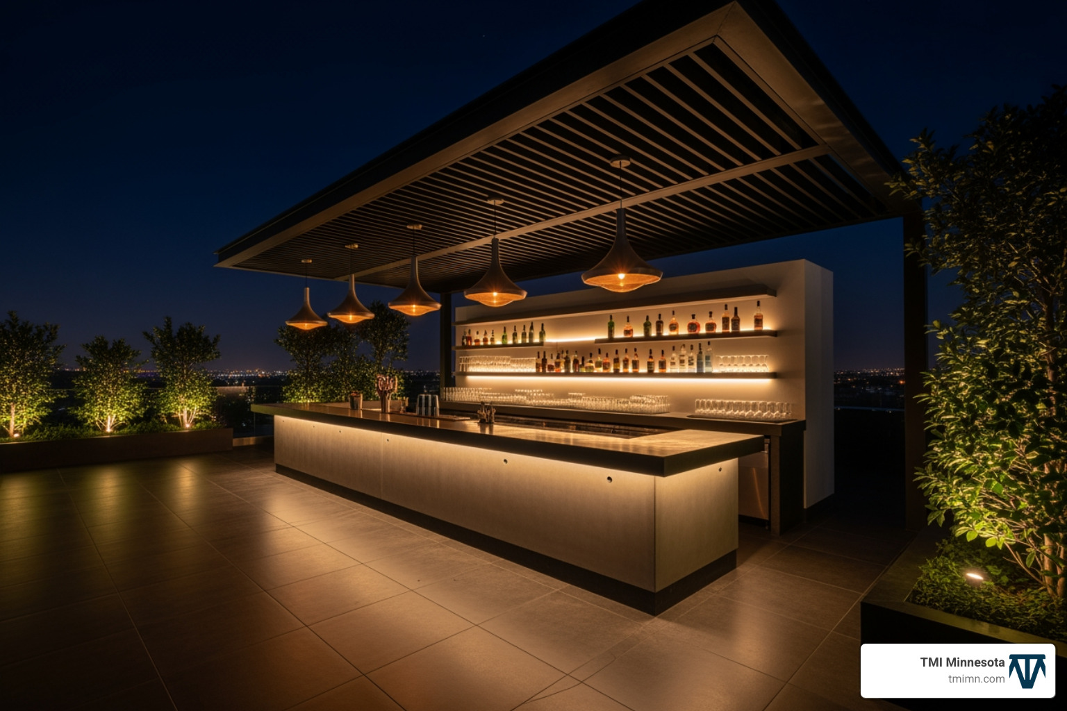 outdoor bar at night with beautiful ambient lighting - modern outdoor bar designs