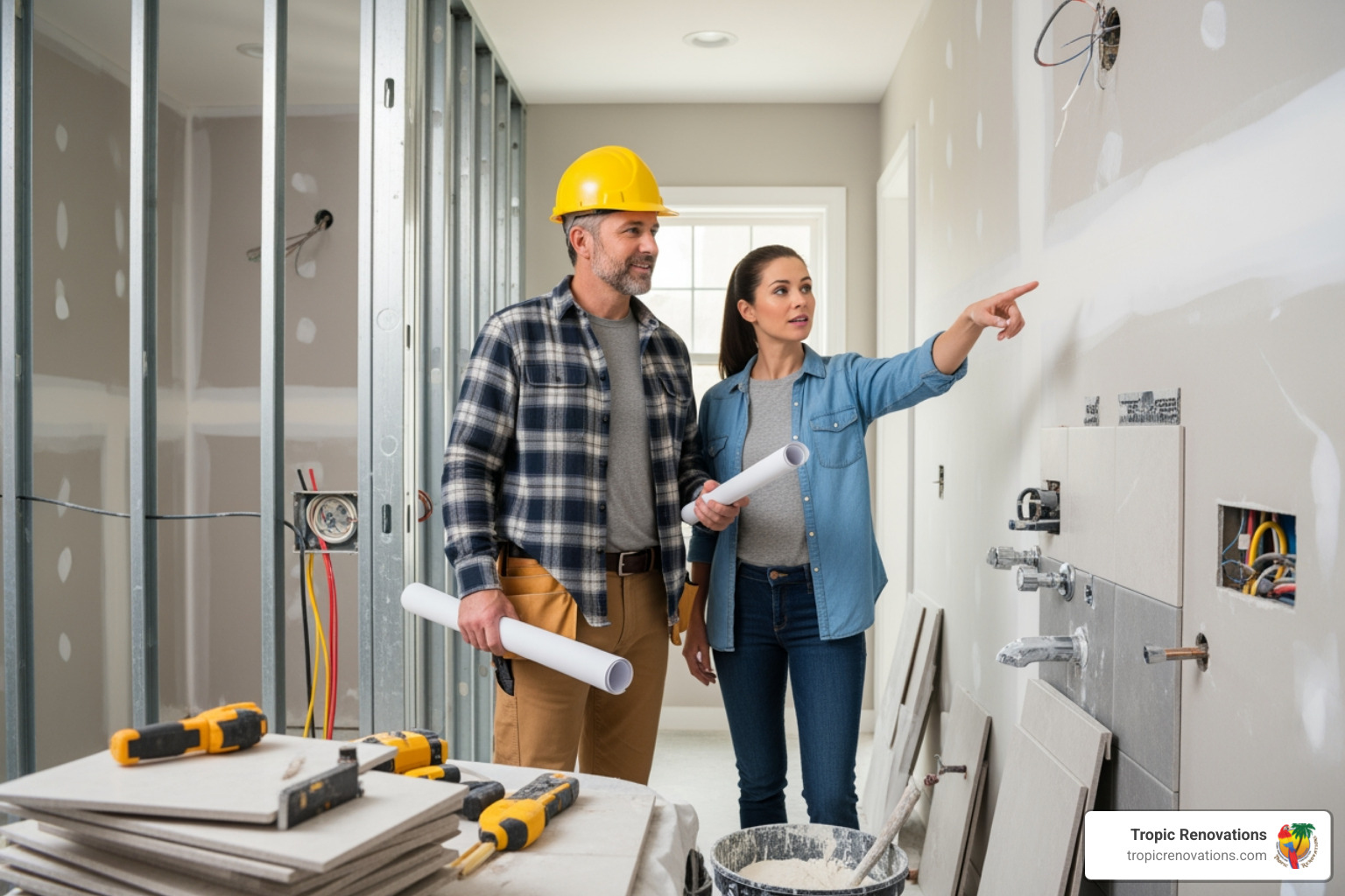 A friendly contractor, wearing a hard hat, stands in a partially remodeled bathroom, discussing plans with a homeowner, who is pointing to an area in the room. - Bathroom contractors Sarasota FL A friendly contractor, wearing a hard hat, stands in a partially remodeled bathroom, discussing plans with a homeowner, who is pointing to an area in the room. - Bathroom contractors Sarasota FL