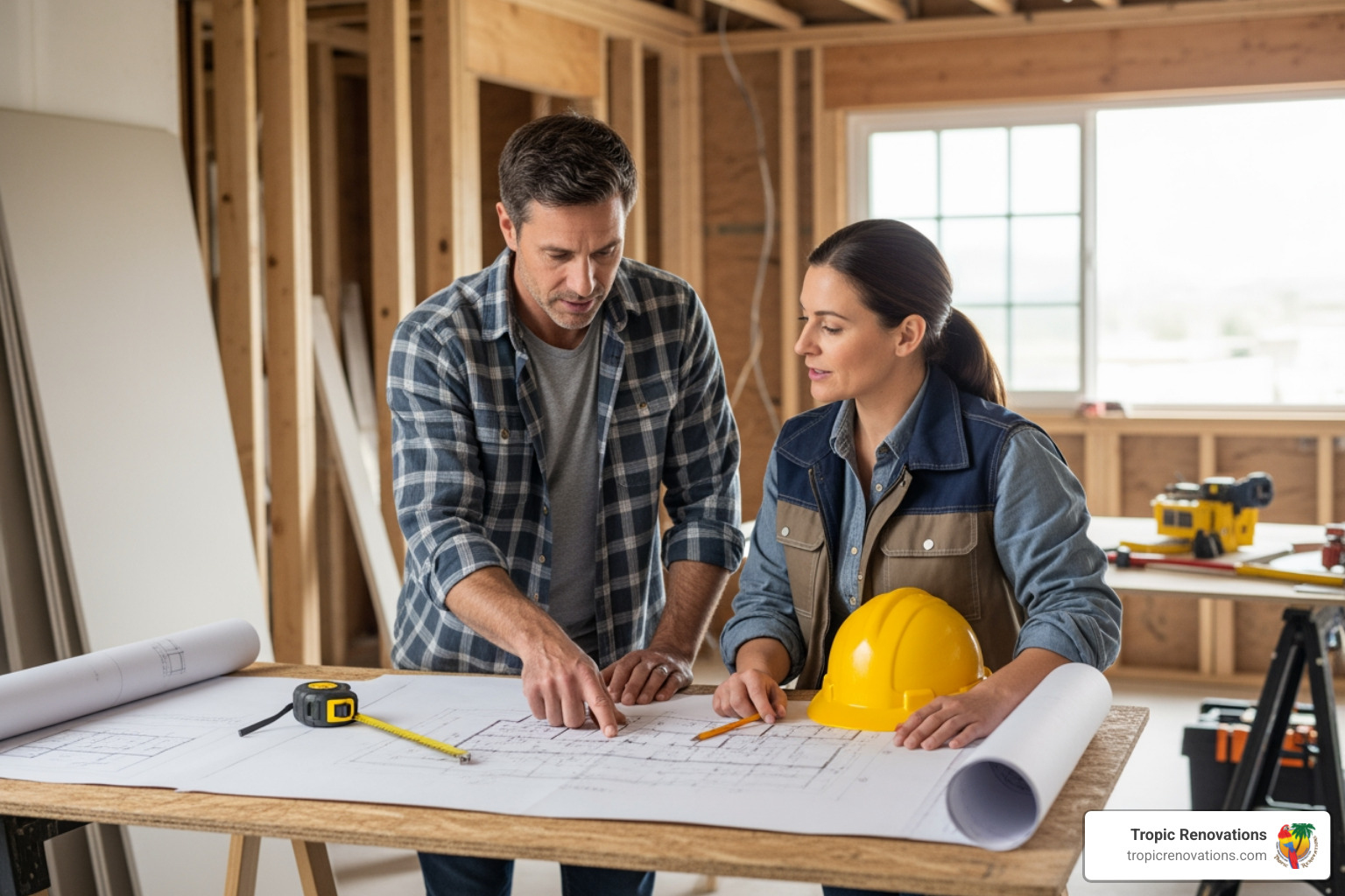 homeowner looking at blueprints with a contractor - whole home remodel where to start