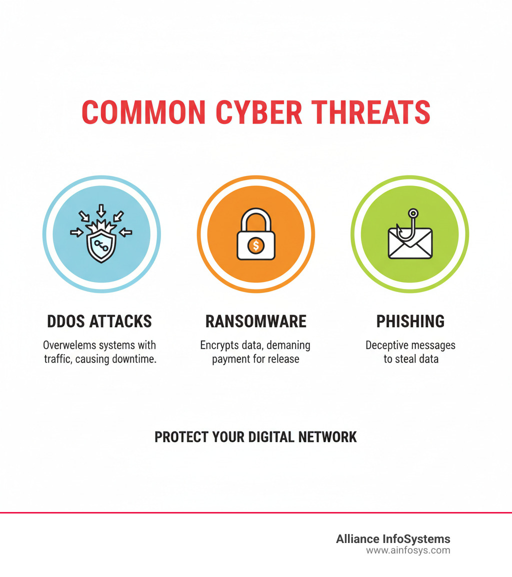 Infographic explaining common cyber threats like DDoS, Ransomware, and Phishing - network security services infographic Infographic explaining common cyber threats like DDoS, Ransomware, and Phishing - network security services infographic