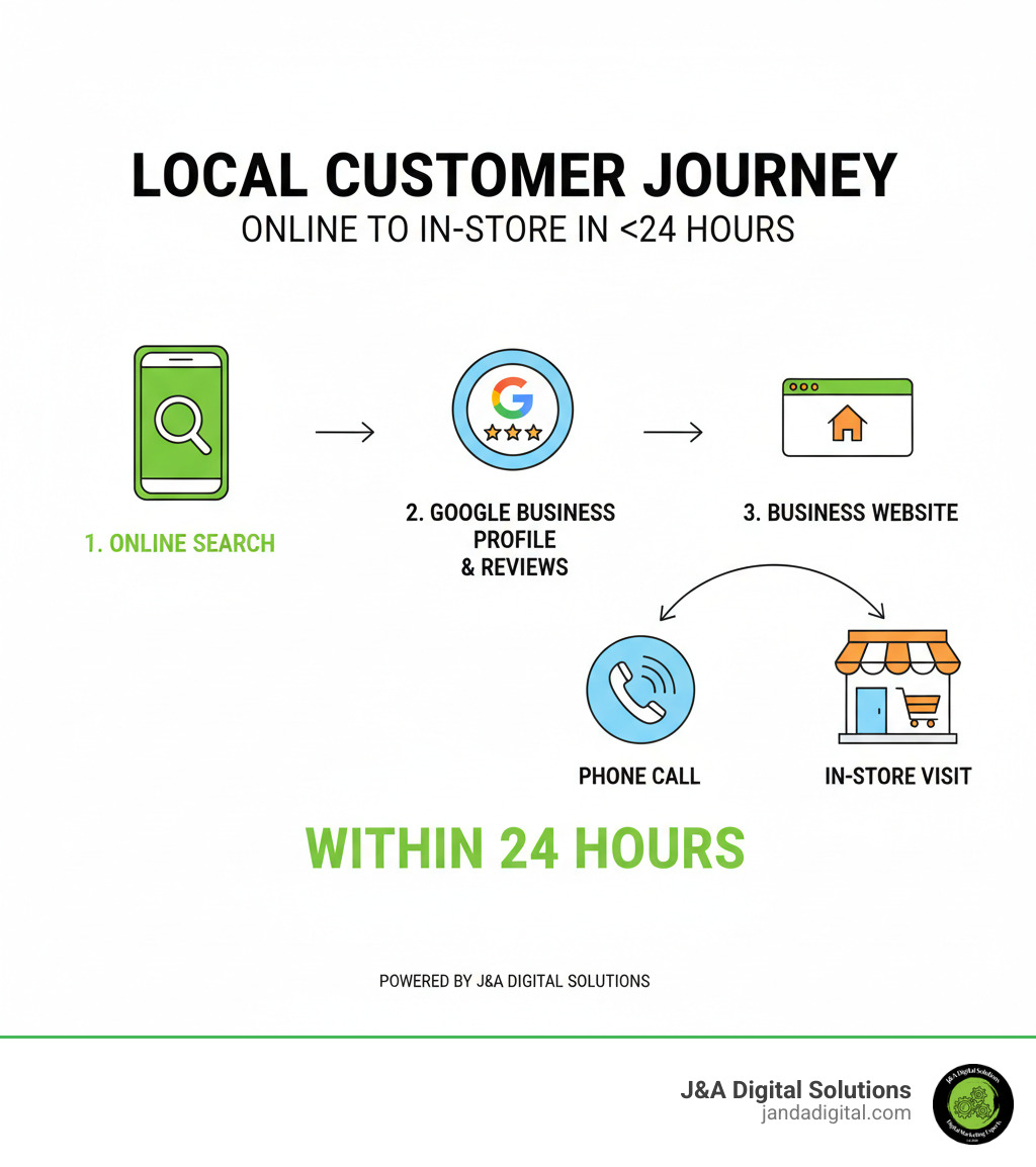 Infographic showing the local customer journey: starts with online search on mobile device, moves to reviewing Google Business Profile and online reviews, then progresses to visiting the business website, and finally results in either a phone call or in-store visit within 24 hours - attract local customers infographic 