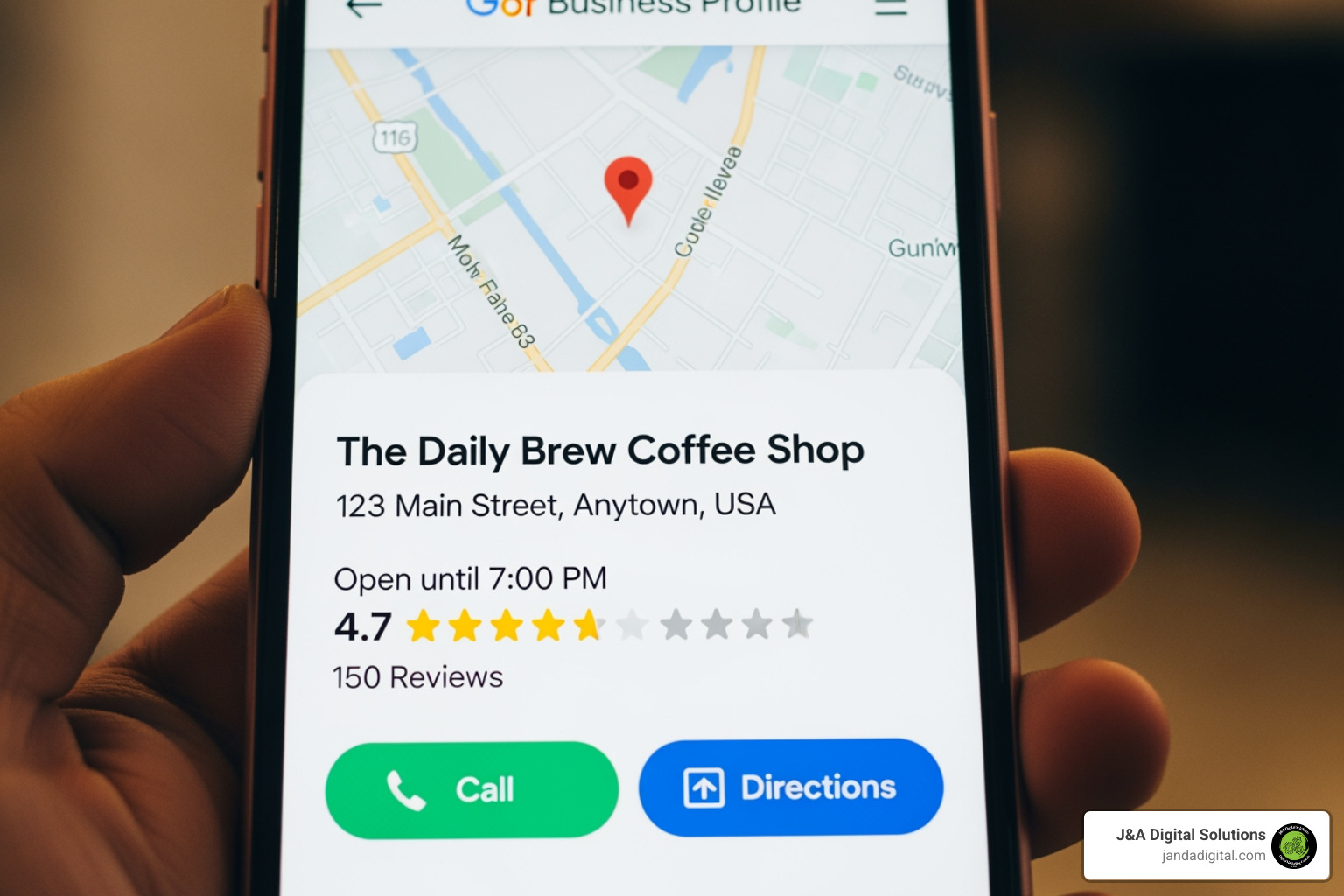 A Google Business Profile listing on a smartphone screen showing the map pack, business details, reviews, and call-to-action buttons for a local business in Columbus, Ohio. - attract local customers