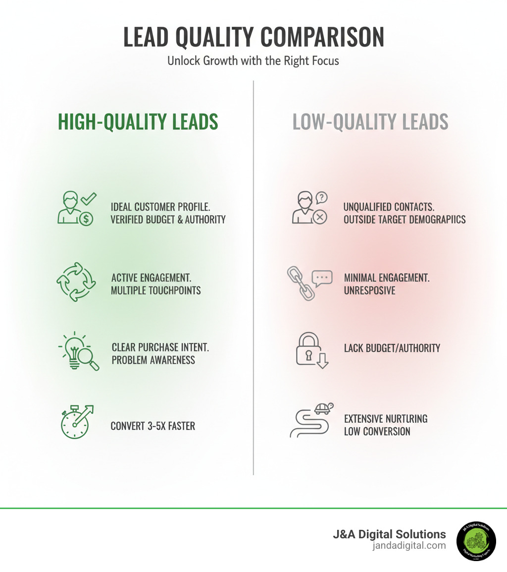 Infographic comparing high-quality vs low-quality leads showing key differences: High-quality leads fit your ideal customer profile with verified budget and authority, demonstrate active engagement through multiple touchpoints, show clear purchase intent and problem awareness, and convert 3-5x faster. Low-quality leads are unqualified contacts outside target demographics, show minimal engagement or are unresponsive, lack budget or decision-making authority, and require extensive nurturing with low conversion rates. - get high quality leads infographic 