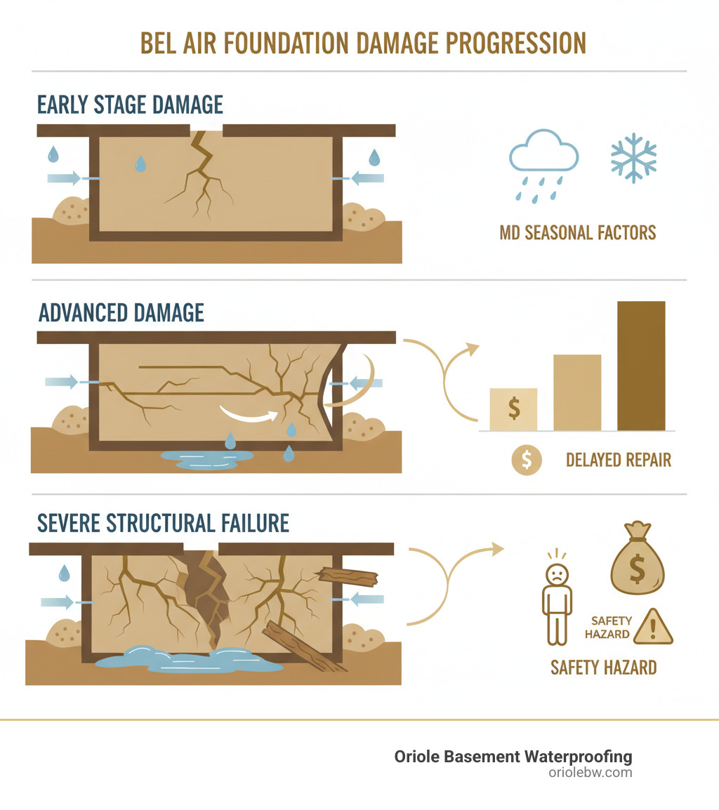 Infographic showing the progression of foundation damage in Bel Air homes, from initial hairline cracks caused by soil pressure and water infiltration, to horizontal cracking and wall bowing, to severe structural failure with water intrusion and safety hazards. Includes Maryland's seasonal factors like spring rainfall and winter freeze-thaw cycles that accelerate damage. Shows cost comparison between early intervention versus delayed repair. - foundation repair Bel Air infographic 