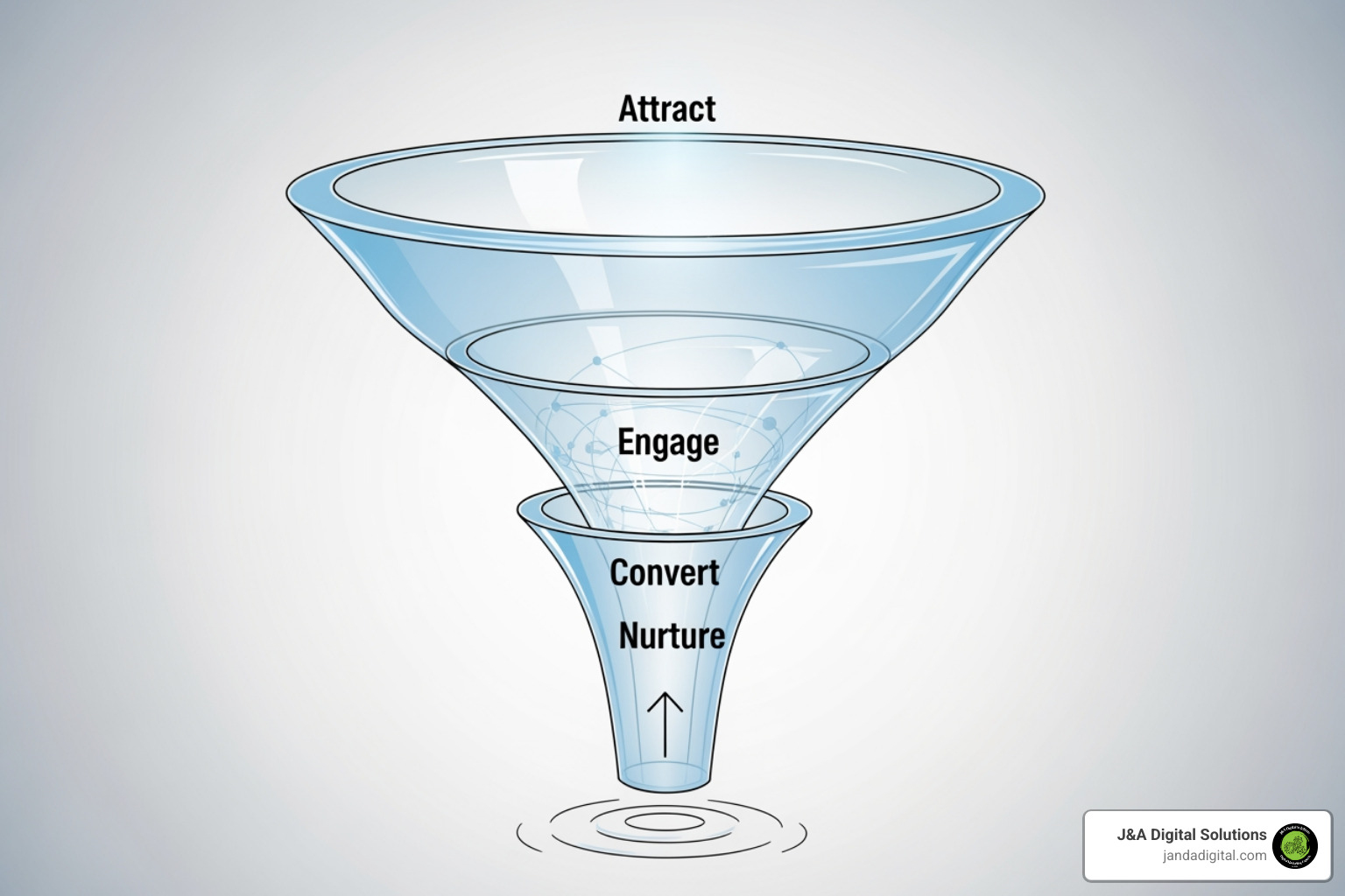 Marketing funnel illustrating the stages of attracting, engaging, converting, and nurturing leads - get high quality leads