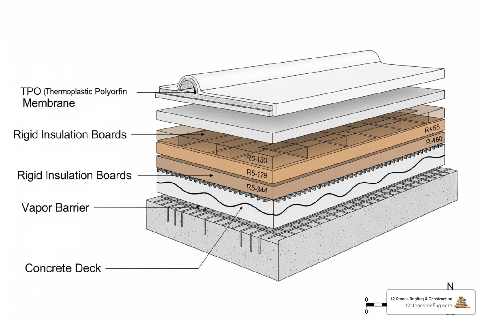 A detailed cross-section of a commercial flat roof showing layers of a concrete deck, vapor barrier, rigid insulation boards, and a white TPO membrane. - energy efficient commercial roofing A detailed cross-section of a commercial flat roof showing layers of a concrete deck, vapor barrier, rigid insulation boards, and a white TPO membrane. - energy efficient commercial roofing