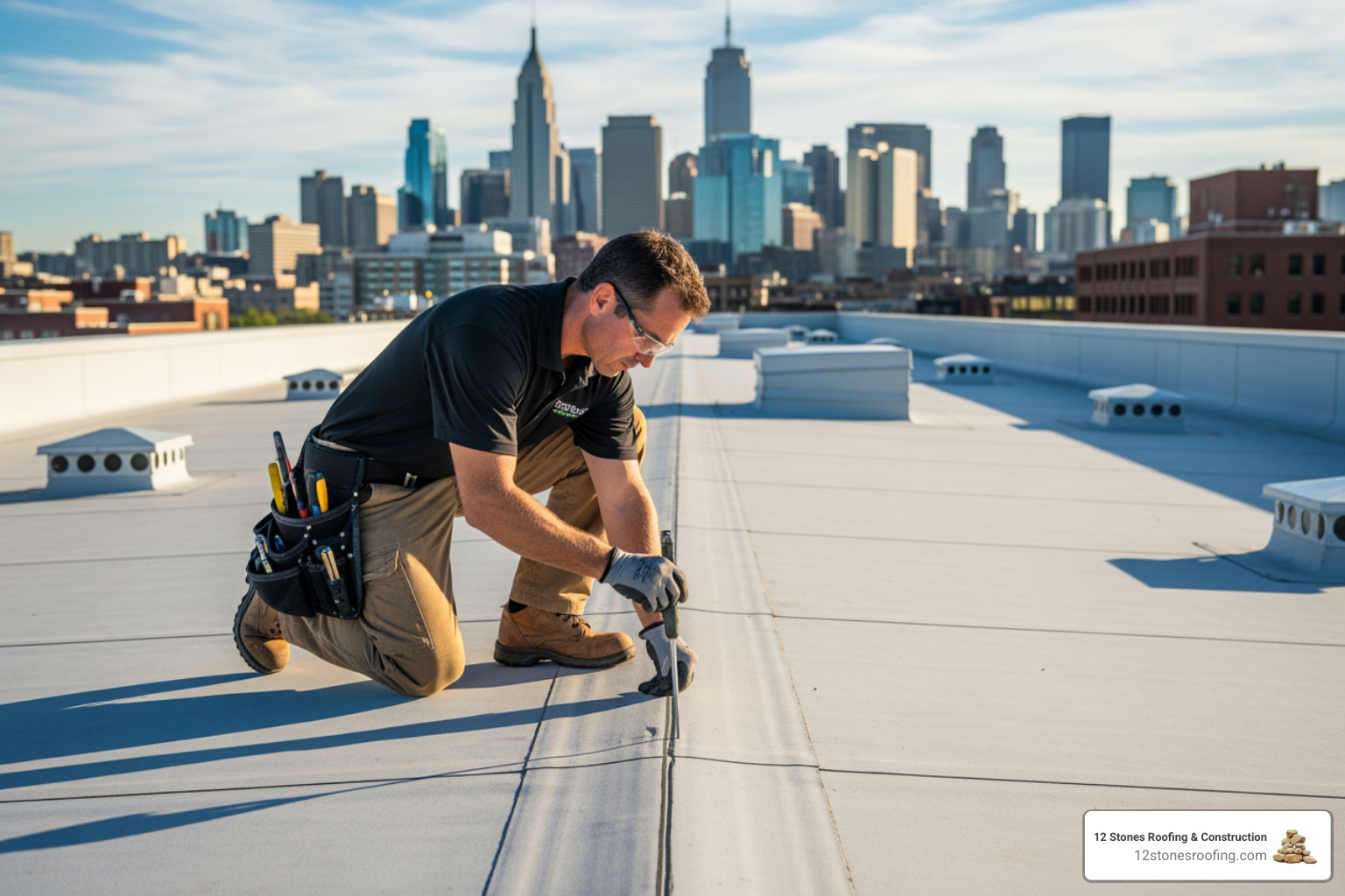 A roofing professional meticulously inspects a commercial flat roof, checking seams and drainage, with the city skyline in the background, emphasizing the importance of maintenance. - energy efficient commercial roofing A roofing professional meticulously inspects a commercial flat roof, checking seams and drainage, with the city skyline in the background, emphasizing the importance of maintenance. - energy efficient commercial roofing