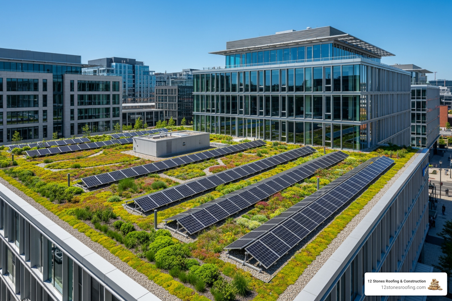 A modern commercial building with a vibrant green roof featuring various plants and solar panels, set against a clear blue sky in an urban landscape. - energy efficient commercial roofing A modern commercial building with a vibrant green roof featuring various plants and solar panels, set against a clear blue sky in an urban landscape. - energy efficient commercial roofing