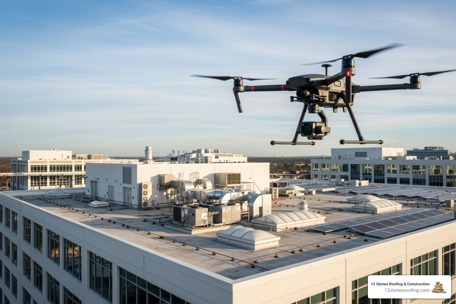 of a drone flying over a commercial building to perform a roof inspection. - commercial roof repair contractors of a drone flying over a commercial building to perform a roof inspection. - commercial roof repair contractors