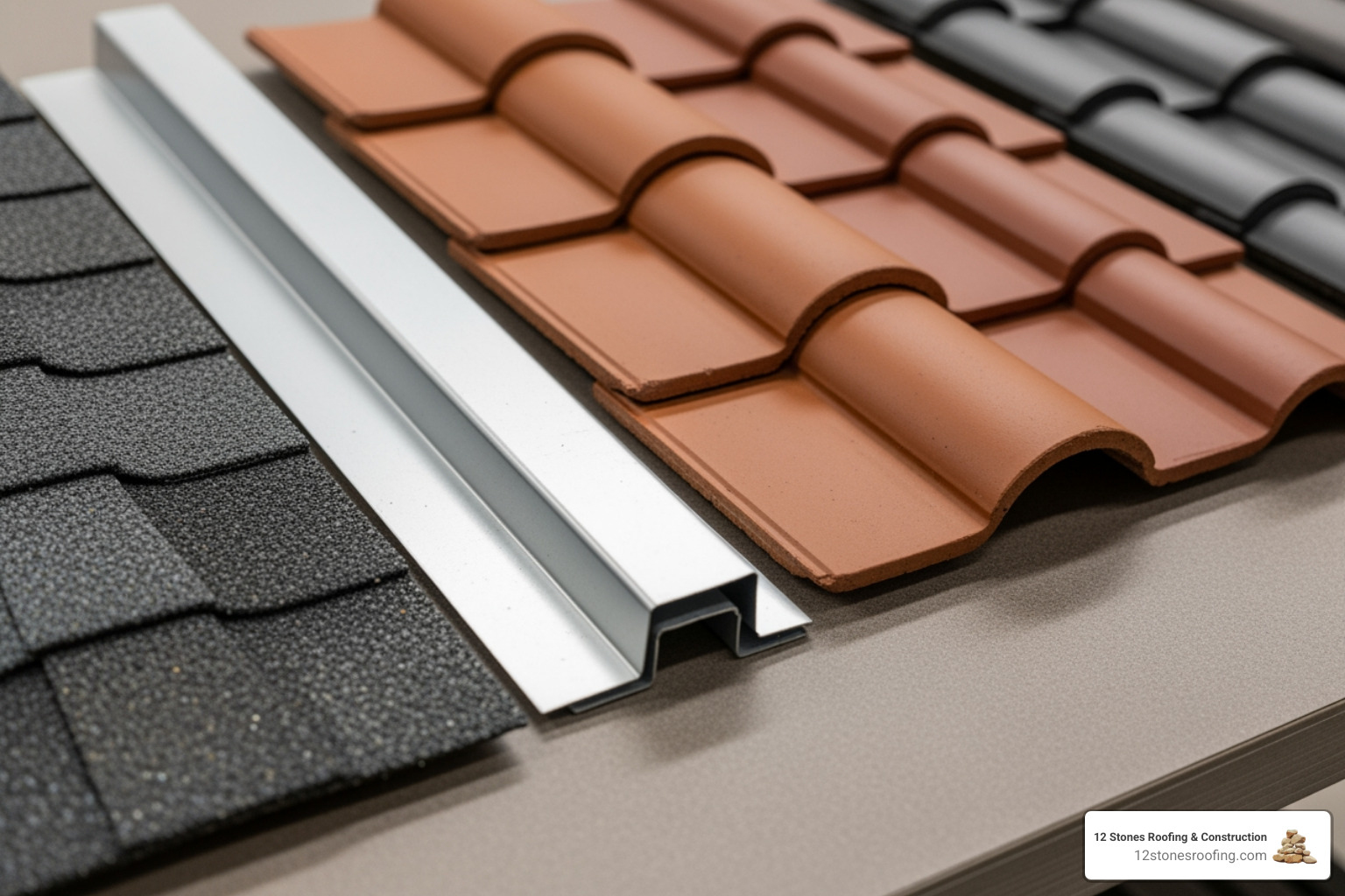 various roofing material samples, including asphalt shingles, metal panels, and clay tiles, laid out for comparison - roofers in Pasadena TX various roofing material samples, including asphalt shingles, metal panels, and clay tiles, laid out for comparison - roofers in Pasadena TX
