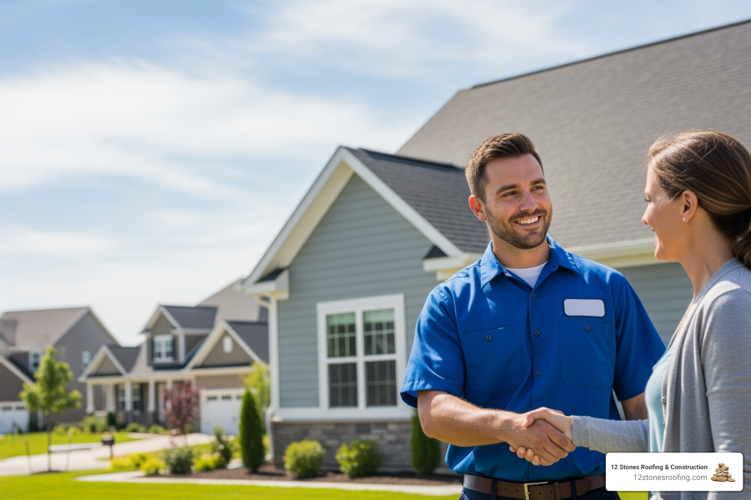 A confident-looking 12 Stones Roofing & Construction team member shaking hands with a satisfied homeowner in front of their house - roofers in Pasadena TX A confident-looking 12 Stones Roofing & Construction team member shaking hands with a satisfied homeowner in front of their house - roofers in Pasadena TX