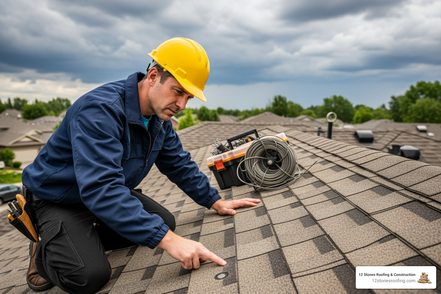 a roofer inspecting a roof for subtle hail damage after a storm - roofers in Pasadena TX a roofer inspecting a roof for subtle hail damage after a storm - roofers in Pasadena TX