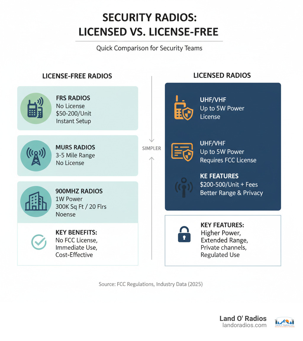 Infographic comparing licensed vs license-free security radios: showing FRS radios (2W power, no license, $50-200 per unit, instant setup), MURS radios (2W power, VHF, 3-5 mile range, no license), 900MHz radios (1W power, 300k sq ft coverage, no license), versus Licensed UHF/VHF (up to 5W power, requires FCC license, $200-500 per unit plus licensing fees, better range and privacy) - License free security radios infographic 