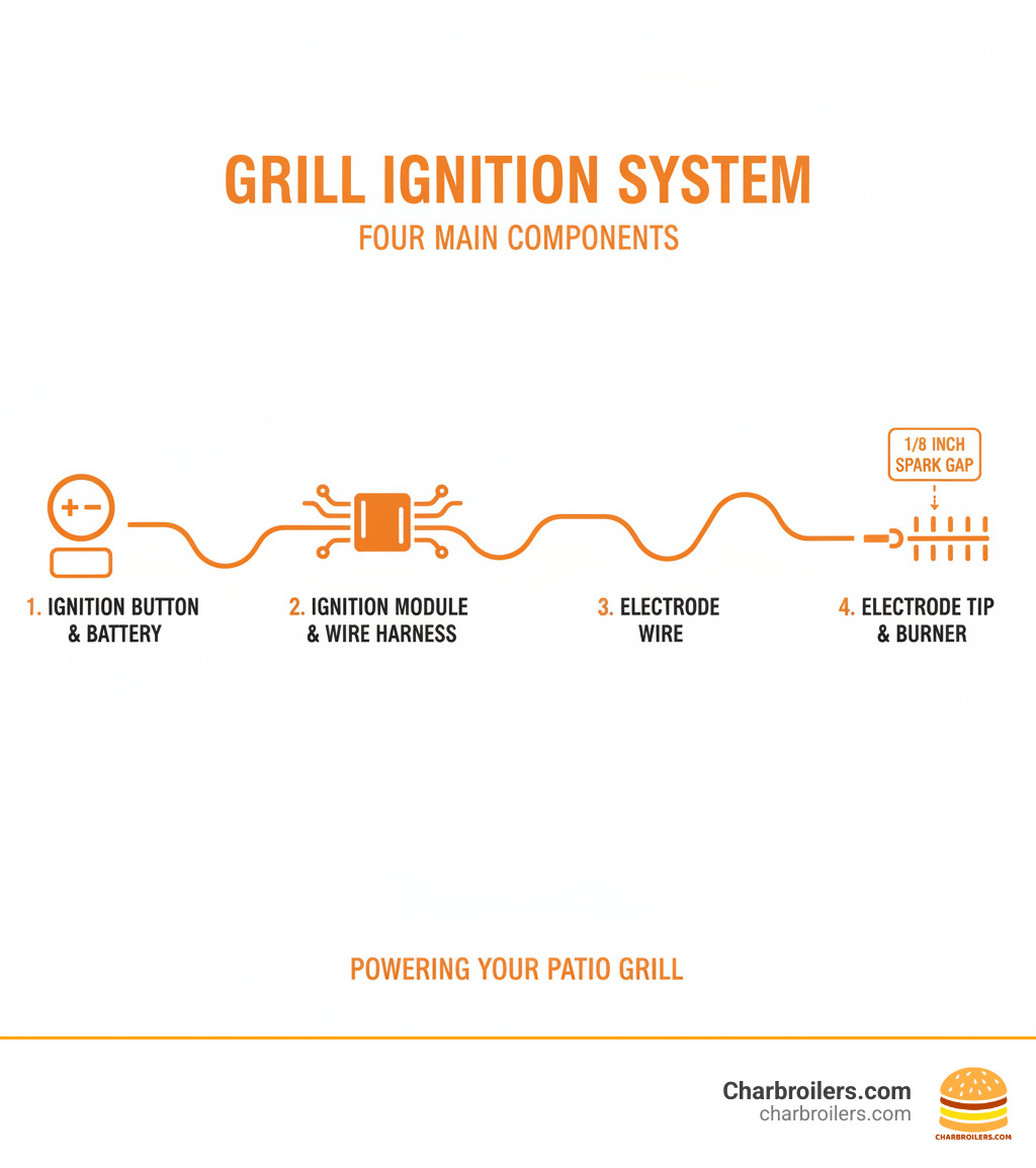 Infographic showing the four main components of a gas grill ignition system: the ignition button with battery compartment at the control panel, the ignition module/wire harness connecting components, the electrode wire running to the burner, and the electrode tip positioned near the burner with proper spark gap labeled as 1/8 inch - char broil commercial series igniter not working infographic 