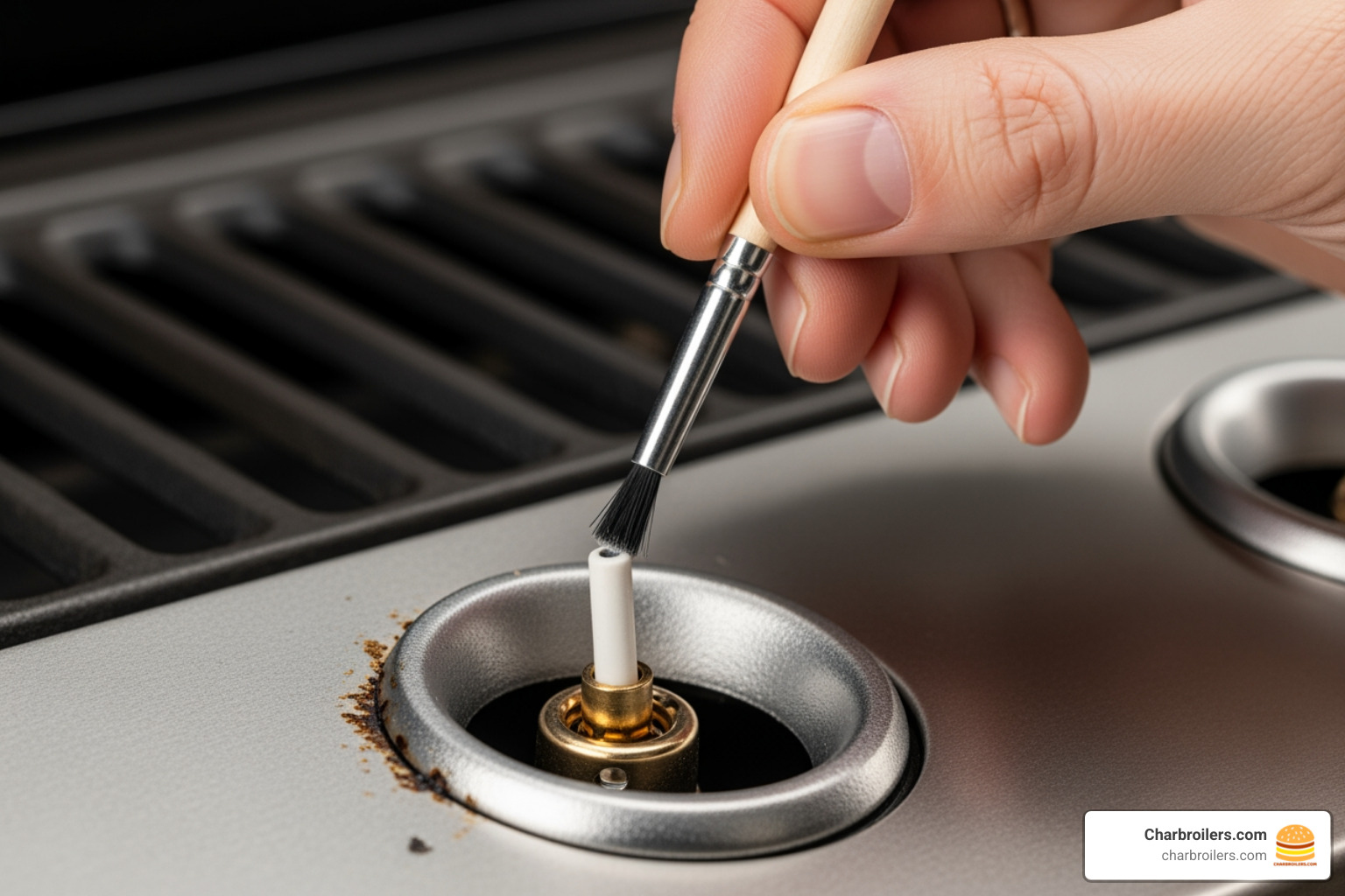 A hand using a soft brush to gently clean an igniter electrode on a grill burner. - char broil commercial series igniter not working