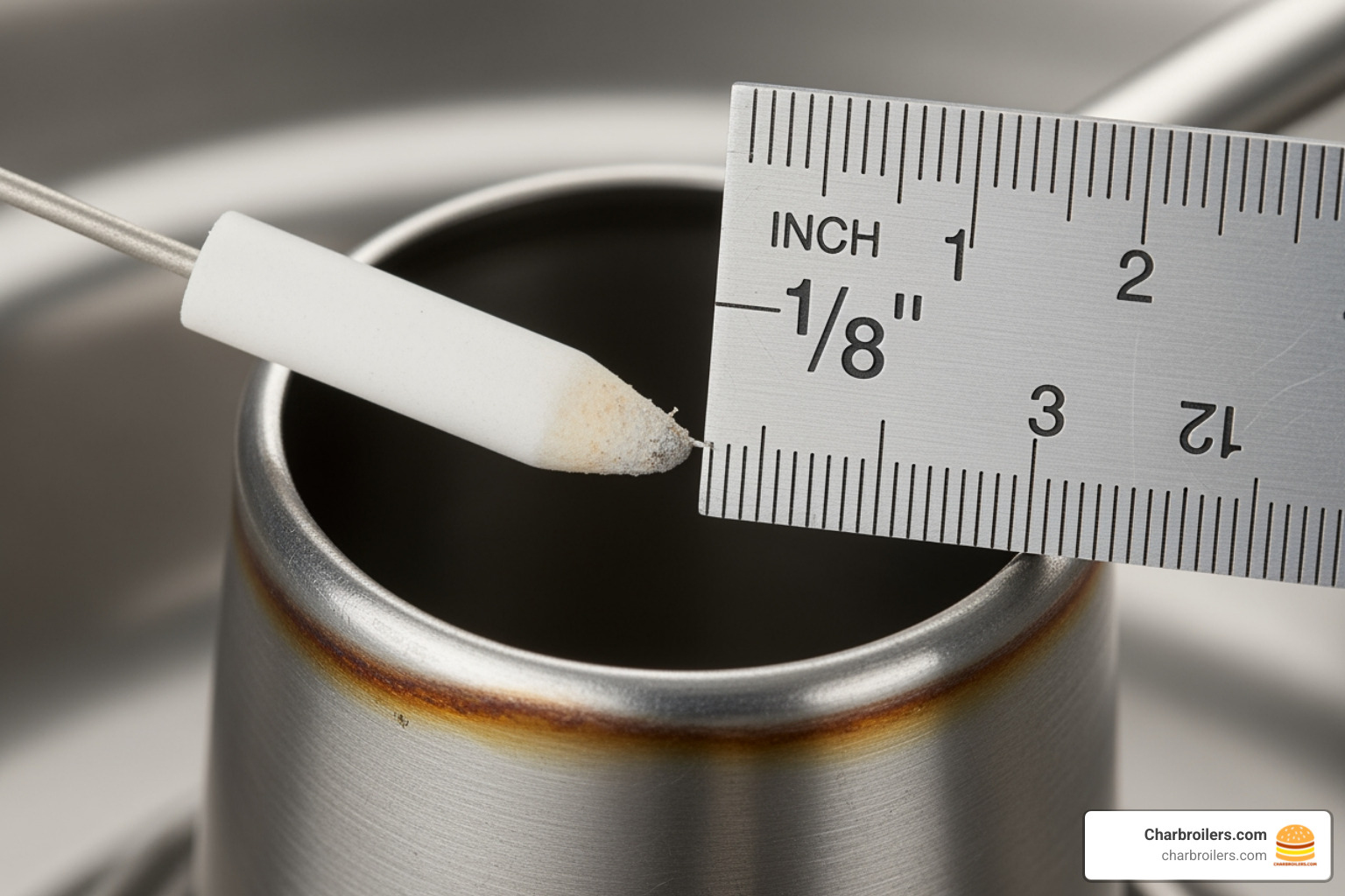 A close-up image showing a grill igniter electrode with a ruler indicating the correct spark gap of approximately 1/8 inch between the electrode tip and the burner tube. - char broil commercial series igniter not working