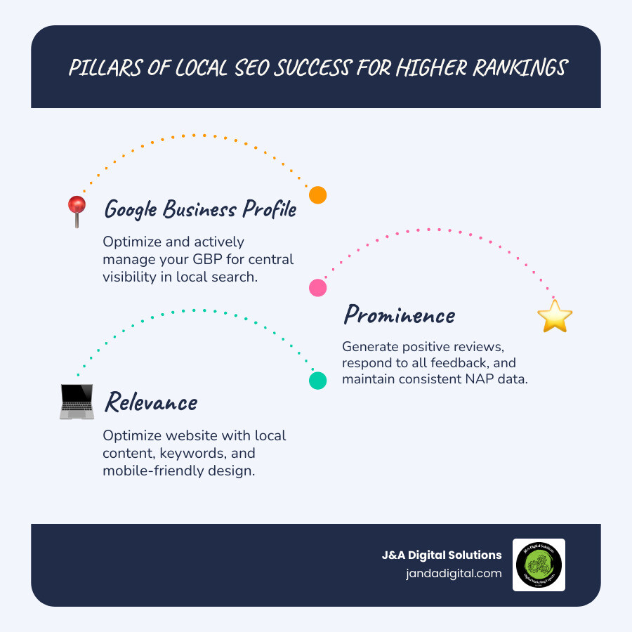Infographic showing the three pillars of local SEO success: Google Business Profile optimization at the center, connected to Review Management & NAP Consistency on the left (labeled 'Prominence'), and Website Optimization & Local Content on the right (labeled 'Relevance'), with all three pointing to 'Higher Local Rankings' at the top - secret to using seo for my local business clients infographic infographic-line-3-steps-blues-accent_colors Infographic showing the three pillars of local SEO success: Google Business Profile optimization at the center, connected to Review Management & NAP Consistency on the left (labeled 'Prominence'), and Website Optimization & Local Content on the right (labeled 'Relevance'), with all three pointing to 'Higher Local Rankings' at the top - secret to using seo for my local business clients infographic infographic-line-3-steps-blues-accent_colors