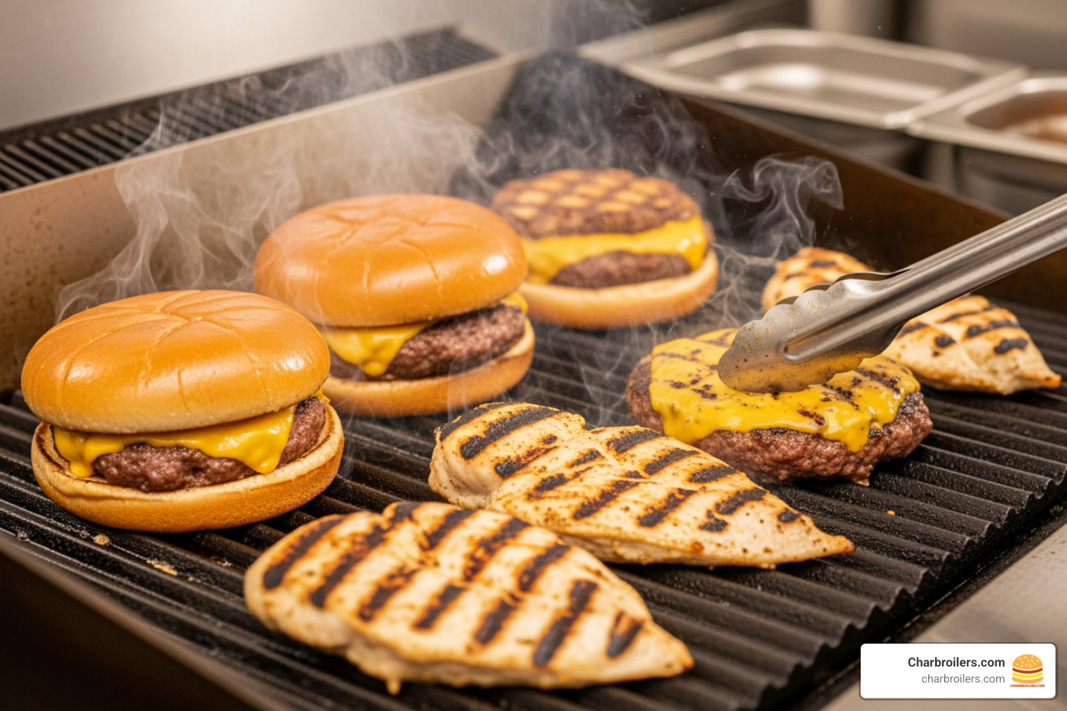 of juicy, perfectly cooked burgers and chicken on a grill, showcasing no flare-ups - charbroil commercial infrared