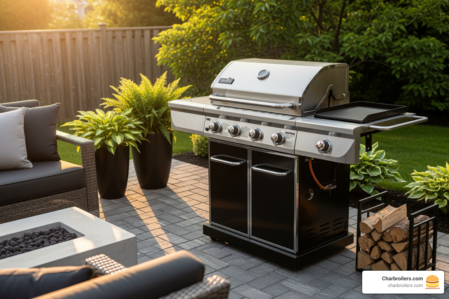 of the Char-Broil Commercial Series 4-Burner Gas Grill & Griddle on a patio - charbroil commercial infrared