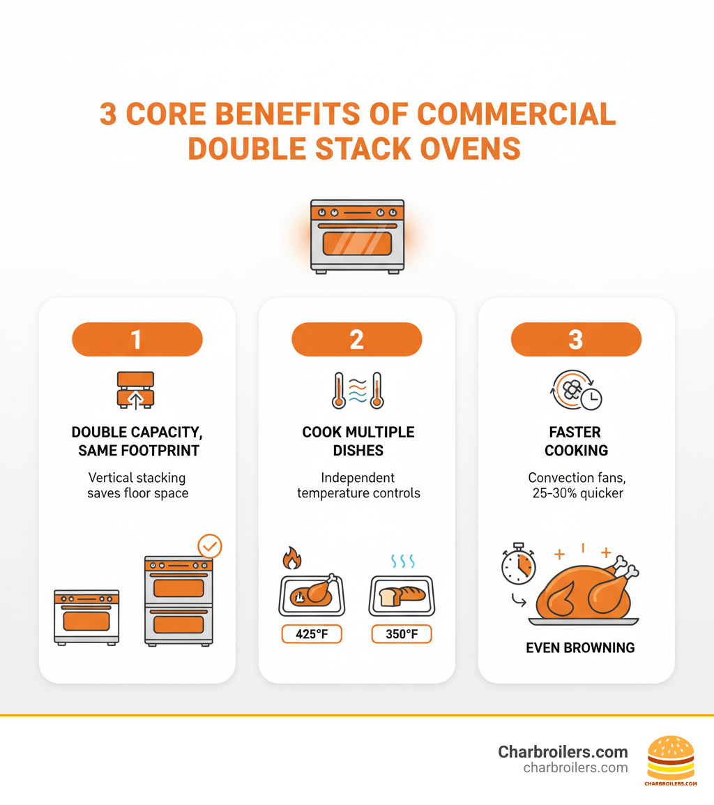 Infographic showing the three core benefits of commercial double stack ovens: 1) Double the output in the same footprint - vertical stacking saves floor space while doubling capacity, 2) Cook multiple dishes simultaneously - independent temperature controls in each oven cavity allow different cooking temps at once, 3) Faster cooking with convection technology - built-in fans circulate hot air for 25-30% faster cooking times and even browning - double oven commercial infographic 