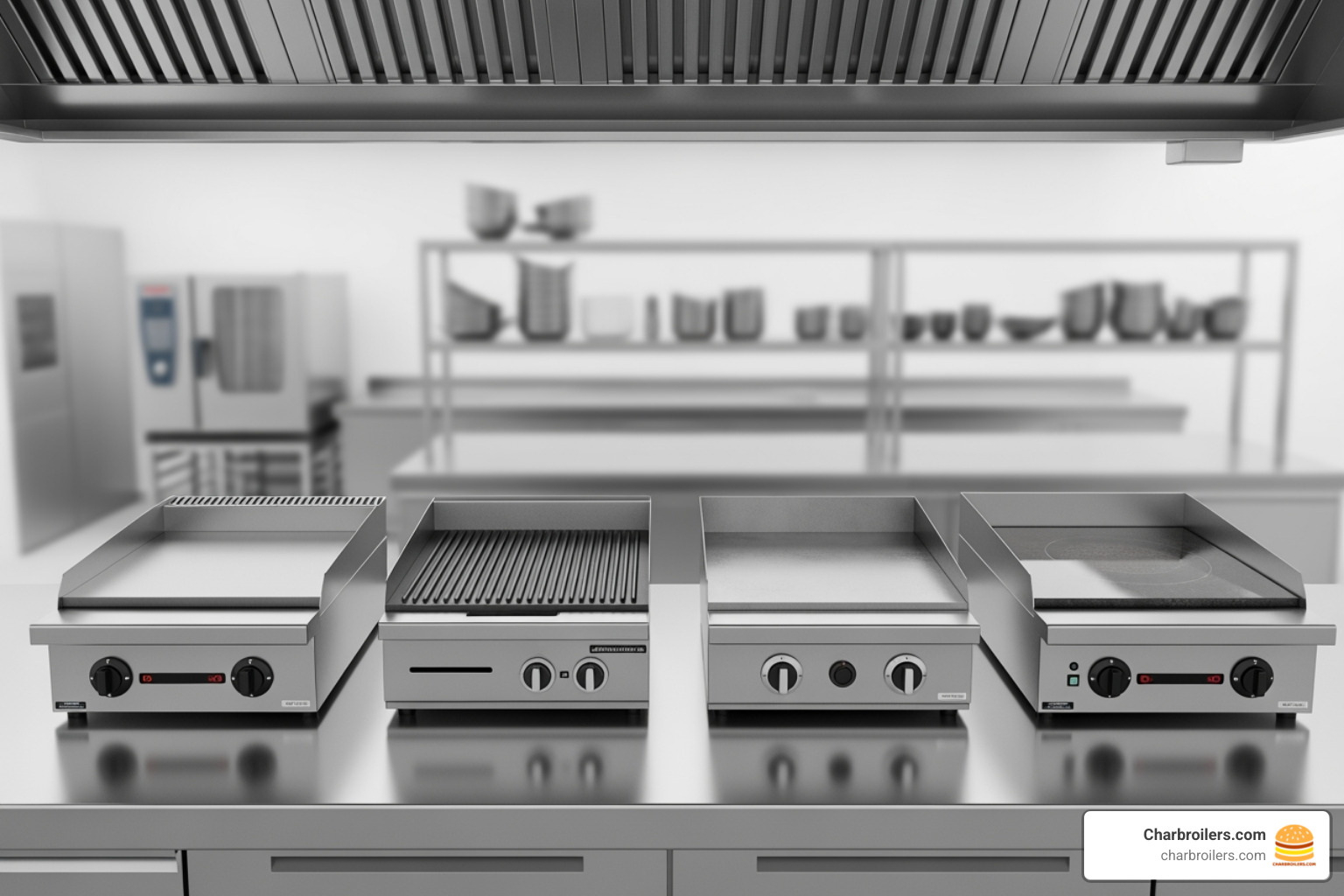 of four different types of commercial griddles side-by-side - best commercial griddle for burgers