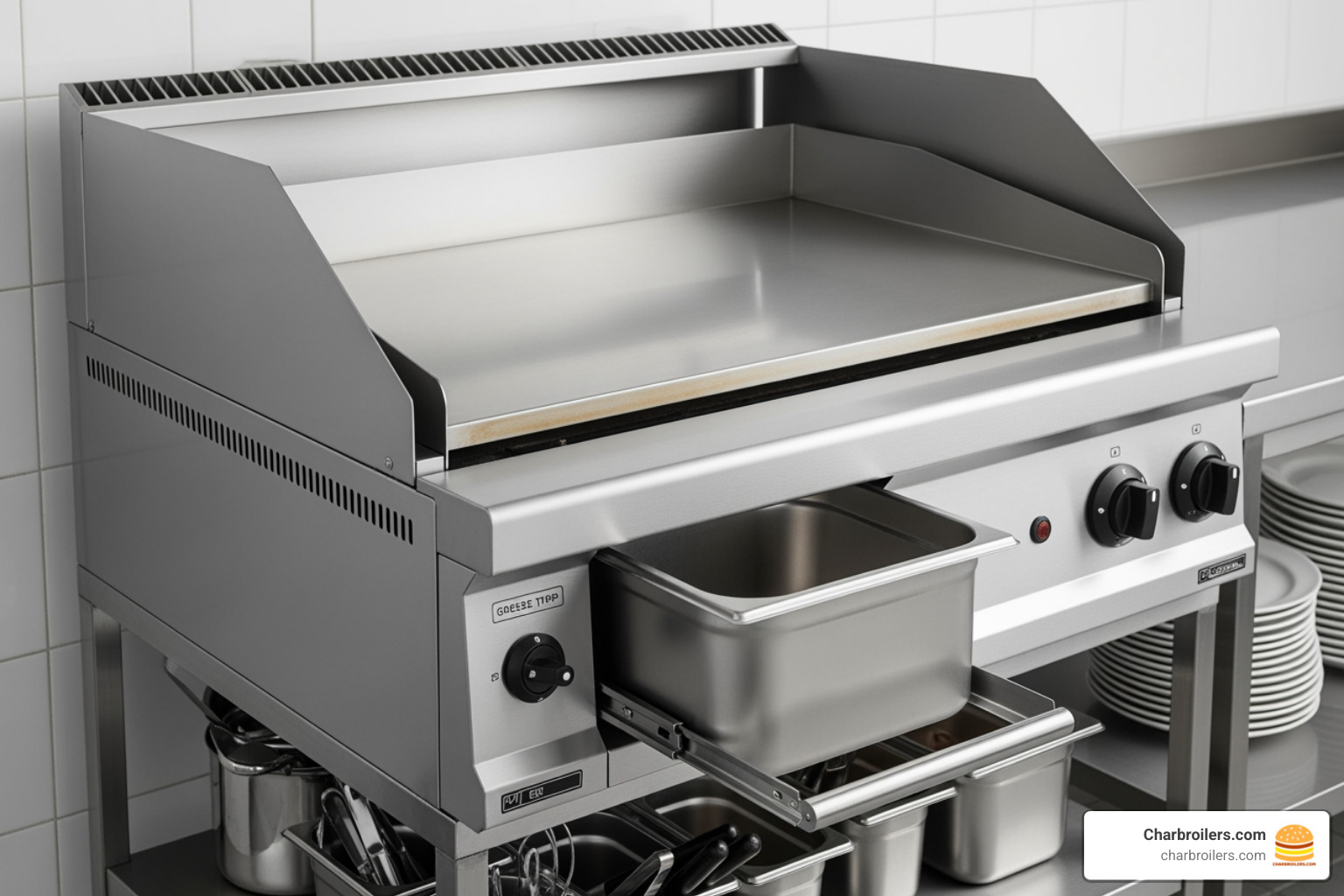 of a clean griddle with an efficient grease trap - best commercial griddle for burgers