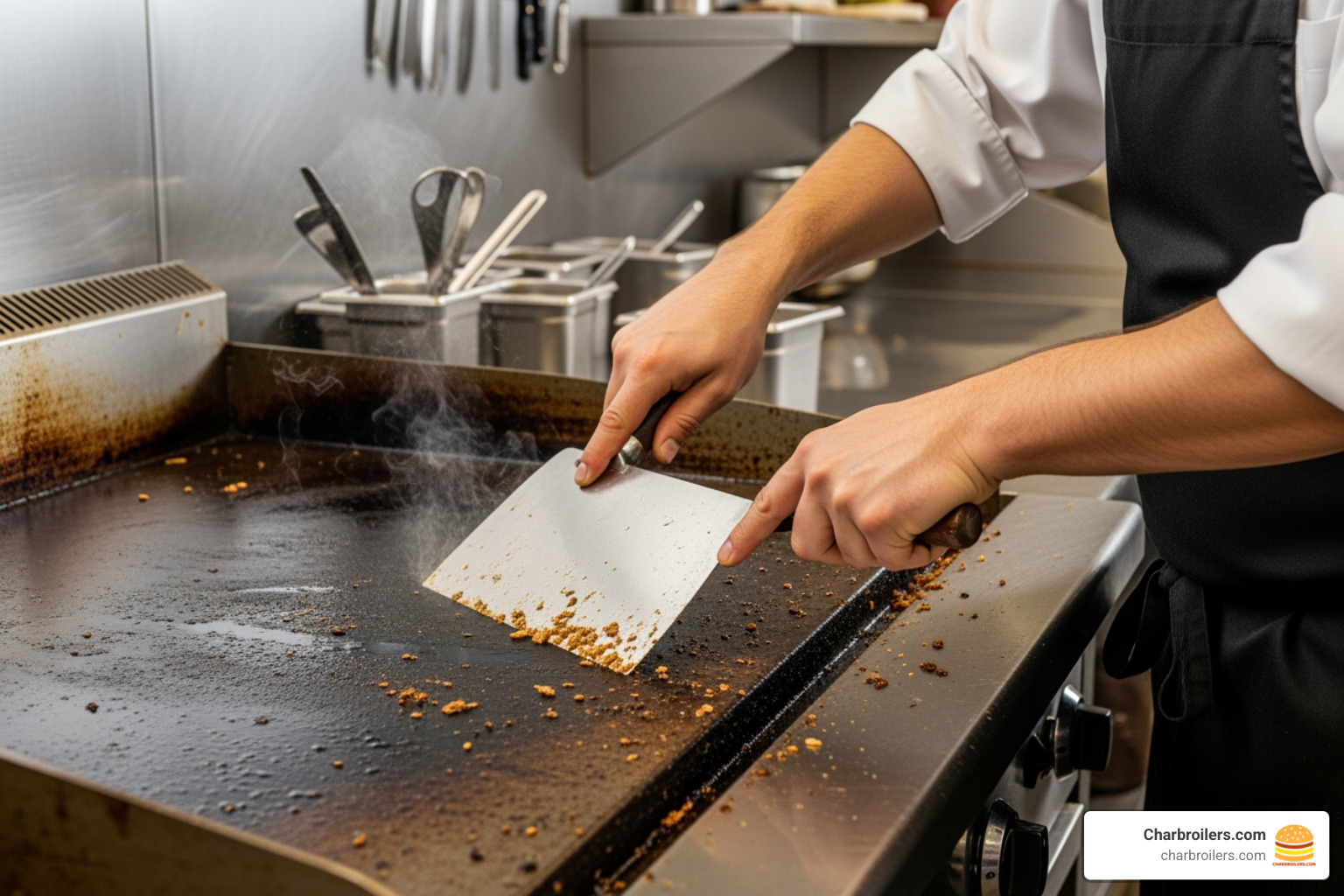 of someone scraping and cleaning a griddle surface - best commercial griddle for burgers