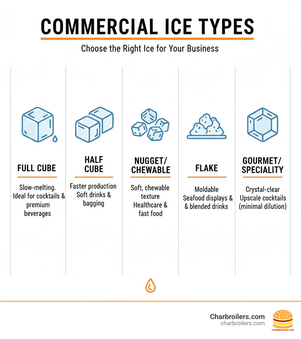 Infographic showing five common commercial ice types: Full Cube (slow-melting, ideal for cocktails and premium beverages), Half Cube (faster production, great for soft drinks and bagging), Nugget/Chewable (soft texture, popular in healthcare and fast food), Flake (moldable, perfect for seafood displays and blended drinks), and Gourmet/Specialty (crystal-clear cubes for upscale cocktails with minimal dilution) - commercial ice cube making machine infographic 