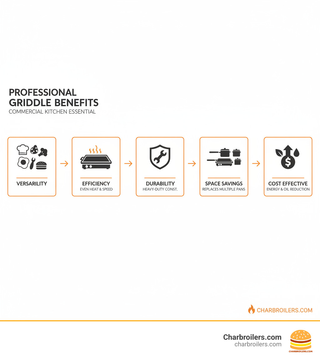 infographic showing the benefits of professional griddles: versatility for cooking multiple food types (breakfast items, burgers, vegetables, seafood), efficiency through large cooking surface and even heat distribution, durability with heavy-duty construction for continuous commercial use, space savings by replacing multiple pans, and cost effectiveness through energy-efficient controls and reduced oil usage - best professional griddle infographic 