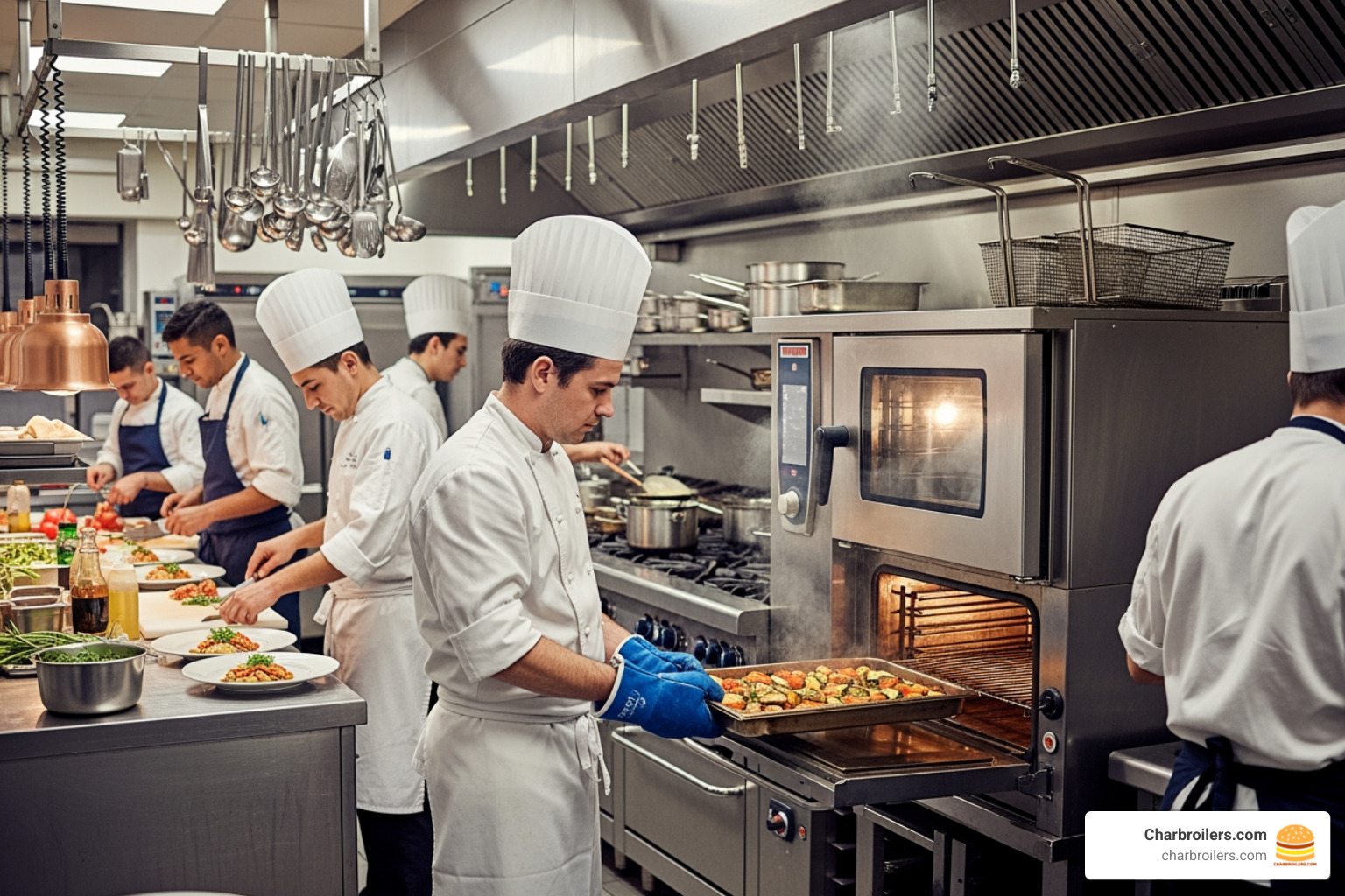 busy restaurant kitchen with chefs using a double stack oven - double oven commercial