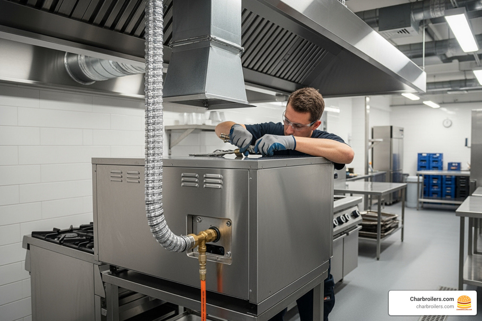 oven being installed with attention to gas lines and ventilation hoods - double oven commercial
