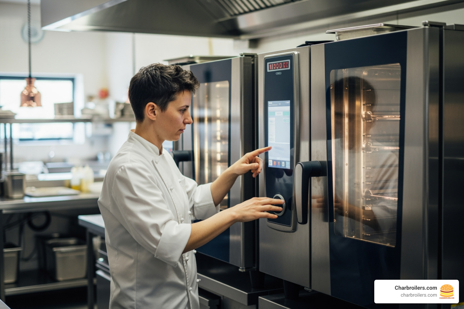 person comparing control panels on two different convection ovens - double oven commercial