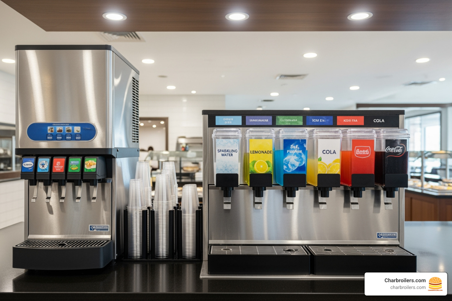 self-serve beverage station with ice dispenser - commercial ice cube making machine