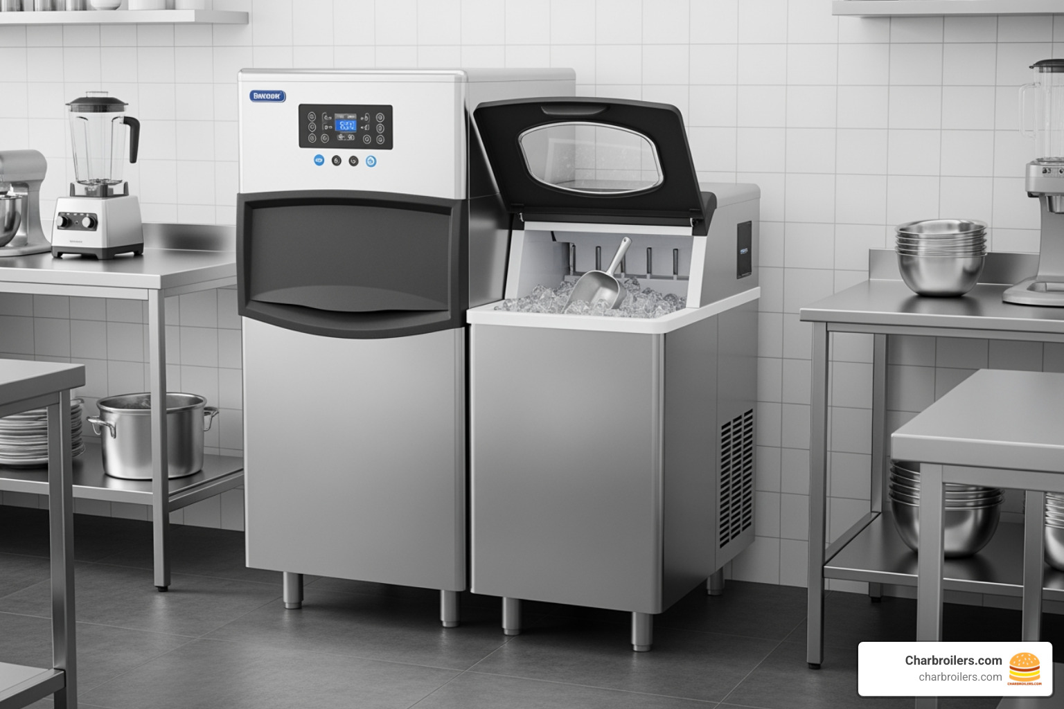 sleek, stainless steel modular ice machine with bin - commercial ice cube making machine