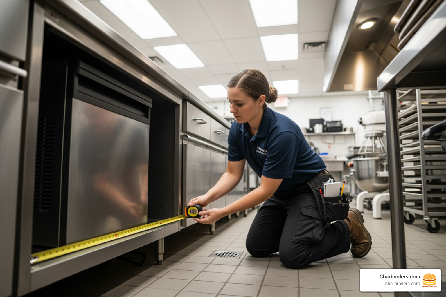 person measuring space for undercounter ice machine - commercial ice cube making machine