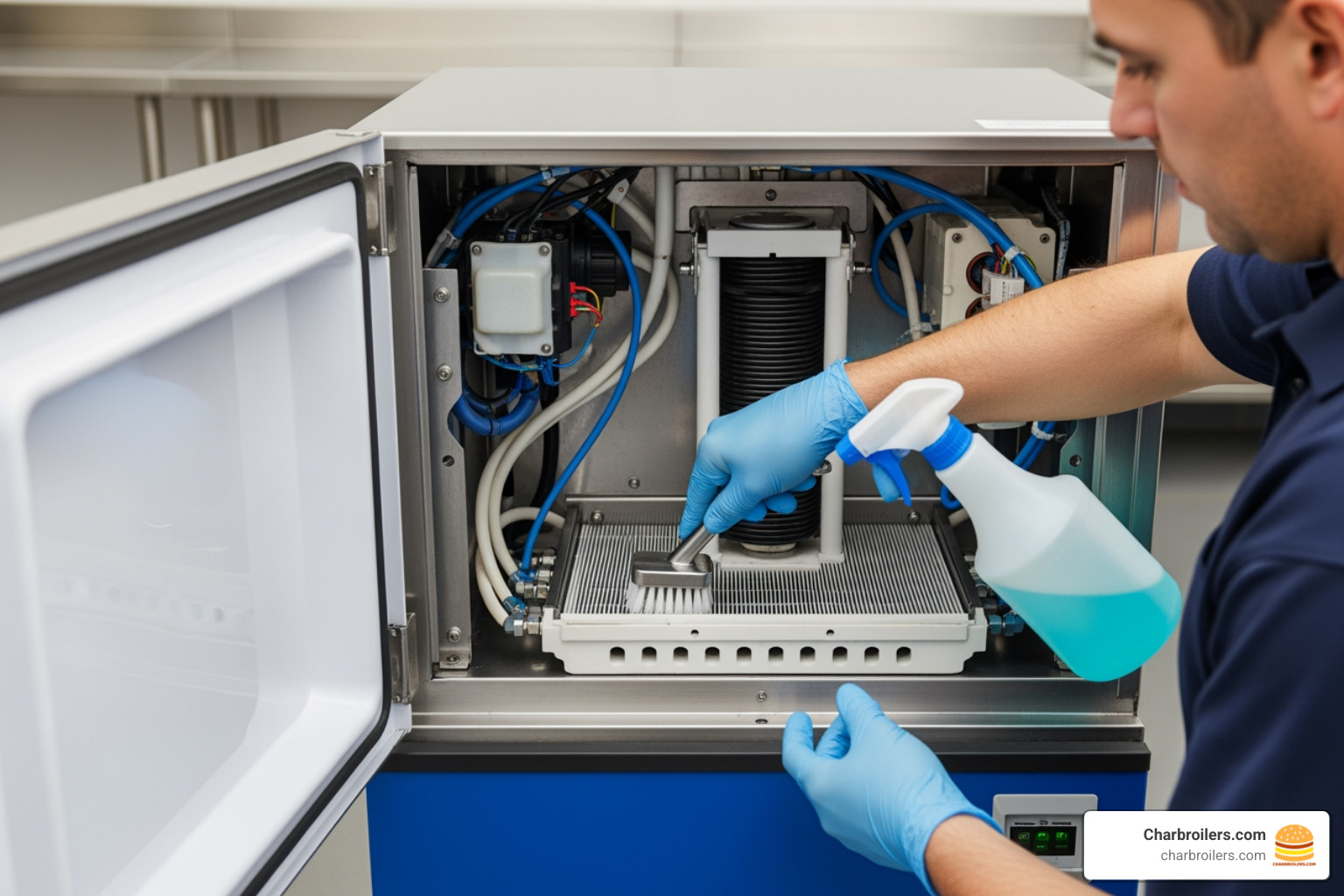 technician cleaning inside of commercial ice machine - commercial ice cube making machine