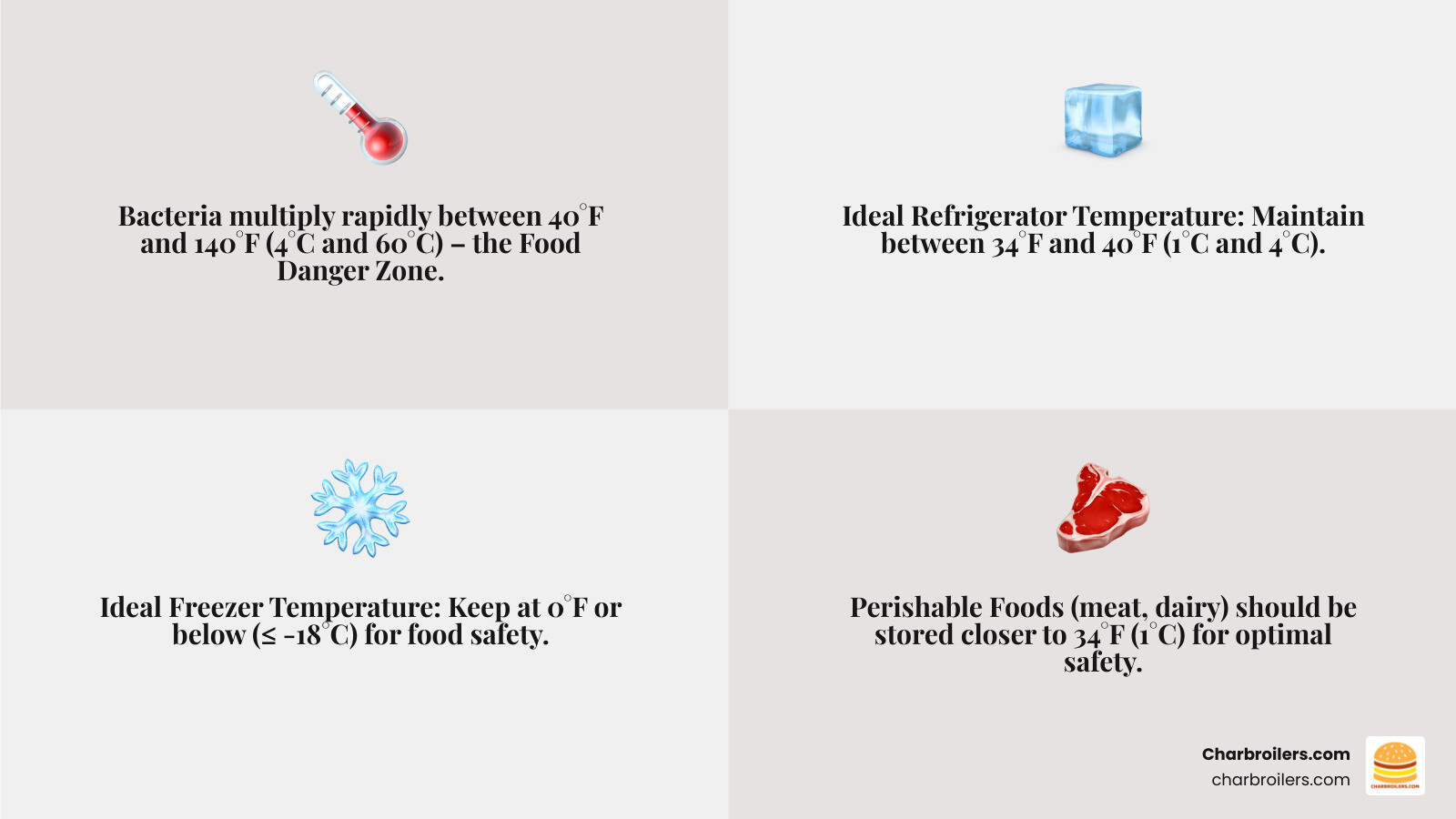 Infographic showing the food temperature danger zone from 40°F to 140°F (4°C to 60°C) with bacteria growth illustration, ideal refrigerator storage zone from 34°F to 40°F highlighted in blue, and freezer zone at 0°F or below highlighted in dark blue, with icons showing different food types and their optimal storage temperatures - commercial fridge temperature control infographic 4_facts_emoji_grey