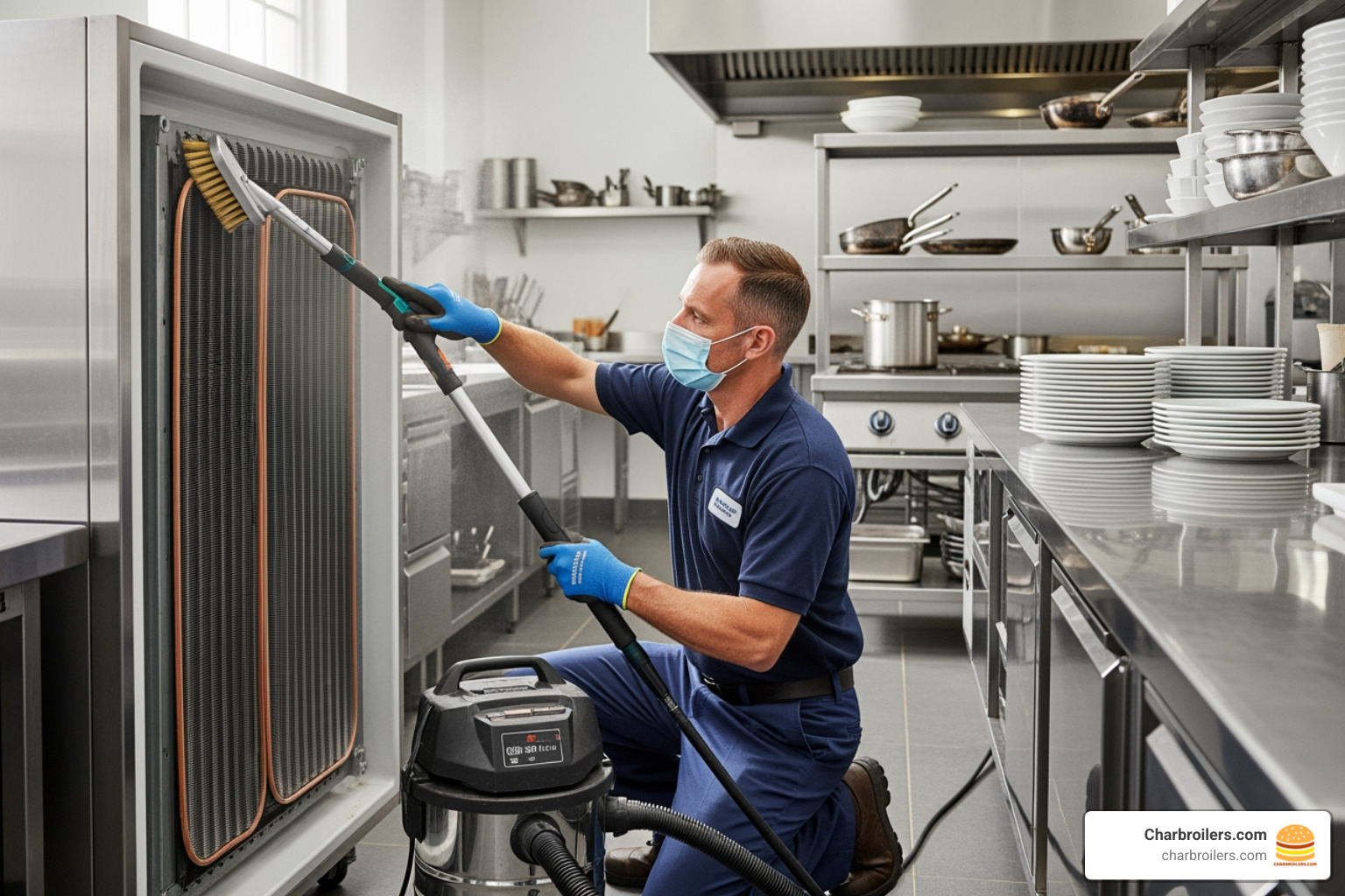 technician cleaning condenser coils on a commercial refrigerator - commercial fridge temperature control
