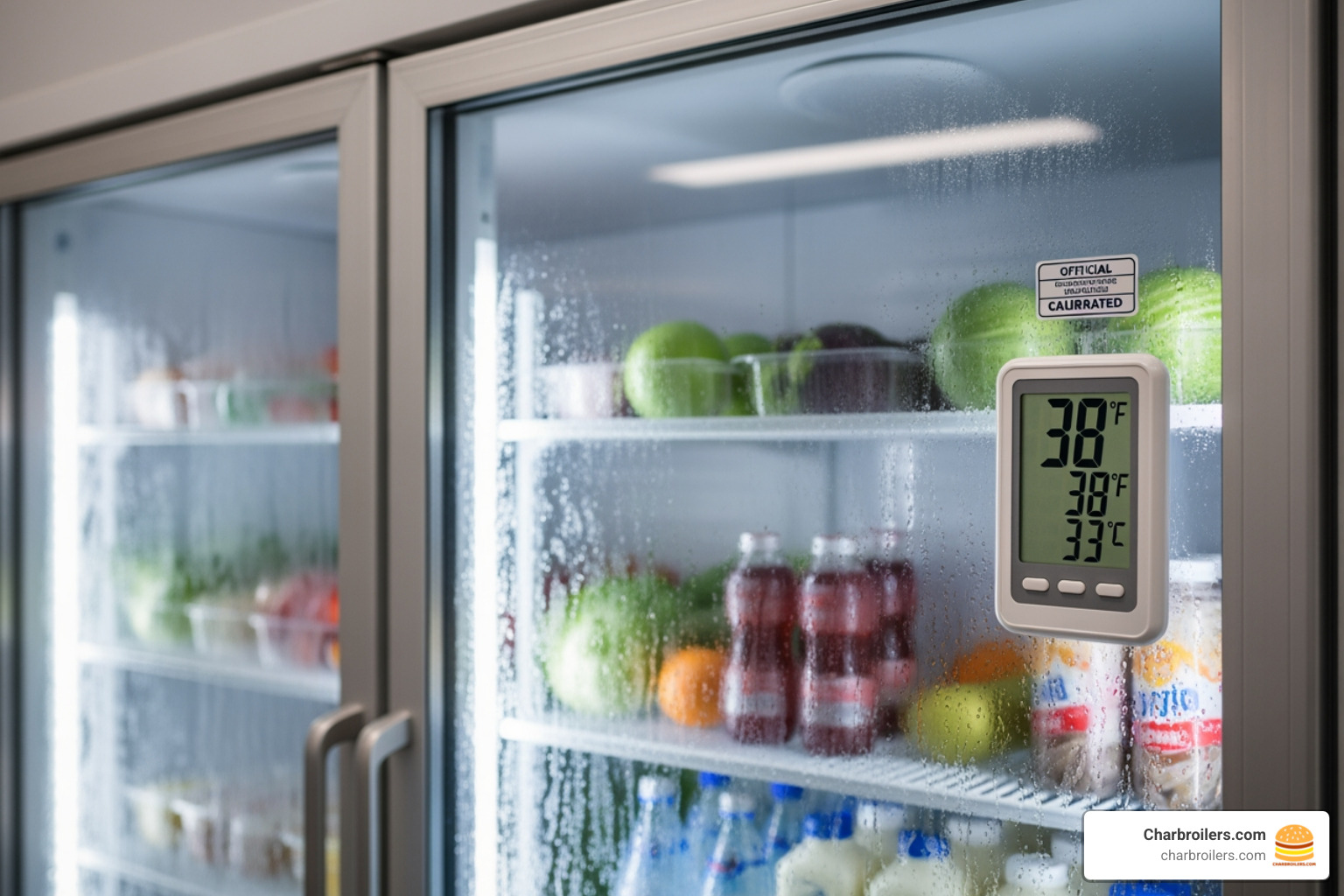 calibrated thermometer inside a commercial fridge showing a safe temperature - commercial fridge temperature control