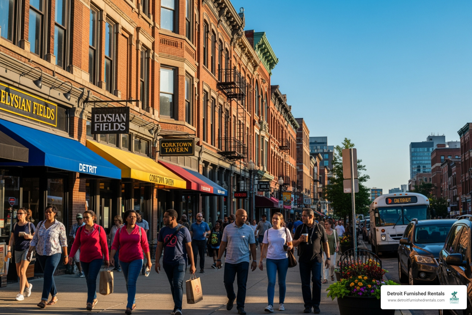 vibrant Detroit neighborhood street scene in Corktown - Detroit relocation rentals