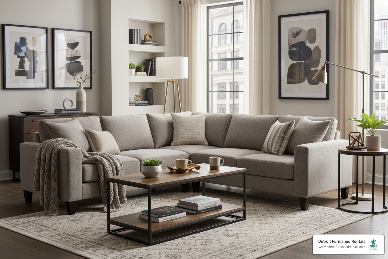 spacious and comfortable living area in a Detroit Furnished Rentals apartment - Detroit relocation rentals