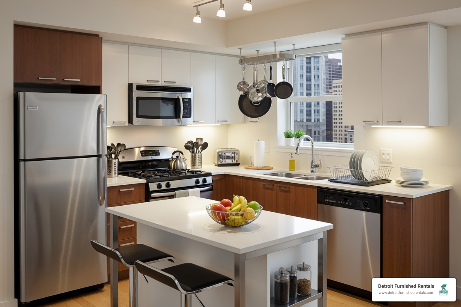 fully equipped kitchen in a Detroit Furnished Rentals apartment - Detroit relocation rentals