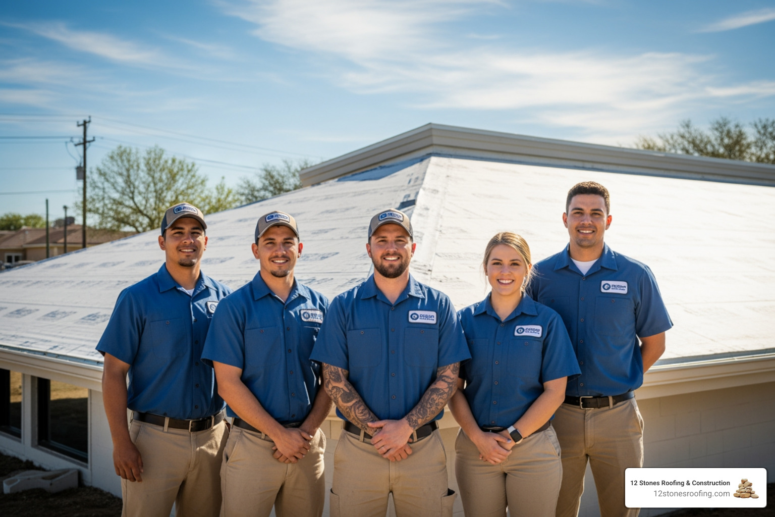 The dedicated 12 Stones Roofing team proudly standing in front of a recently completed commercial roofing project in Pasadena, showcasing their quality workmanship. - commercial roofing company Pasadena