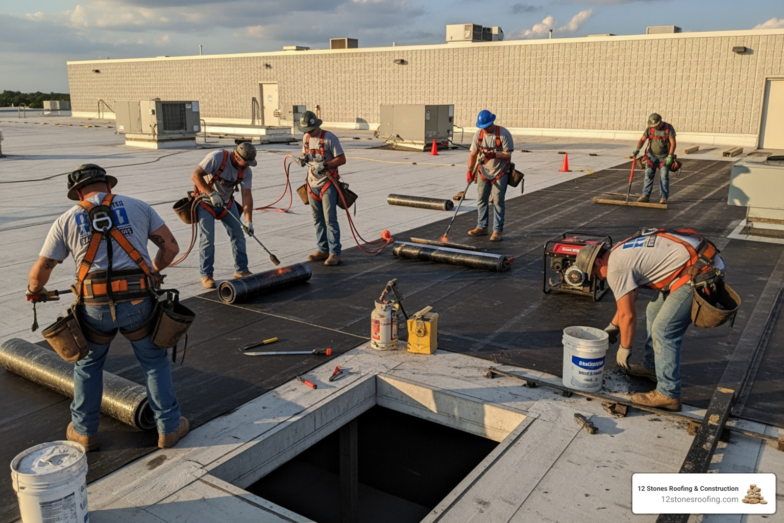 A professional commercial roofing crew diligently working on a large flat roof of a commercial building in Pasadena, ensuring safety protocols are followed. - commercial roofing company Pasadena